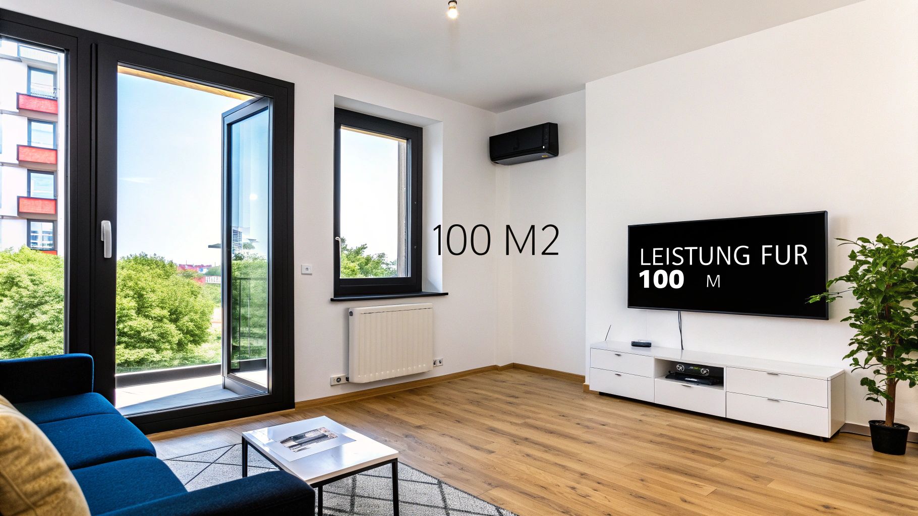 Modernes Wohnzimmer mit Holzboden, blauer Couch, Fernseher und großen Fenstern mit Blick ins Grüne. Die Wand zeigt '100 M2'.