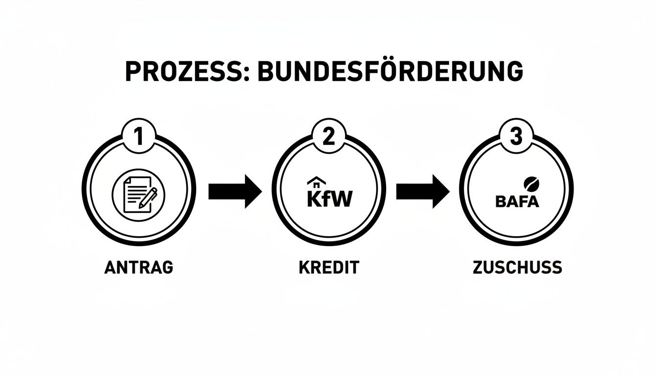 Infografik zum Prozess der Bundesförderung in drei Schritten: Antrag, KfW-Kredit und BAFA-Zuschuss.