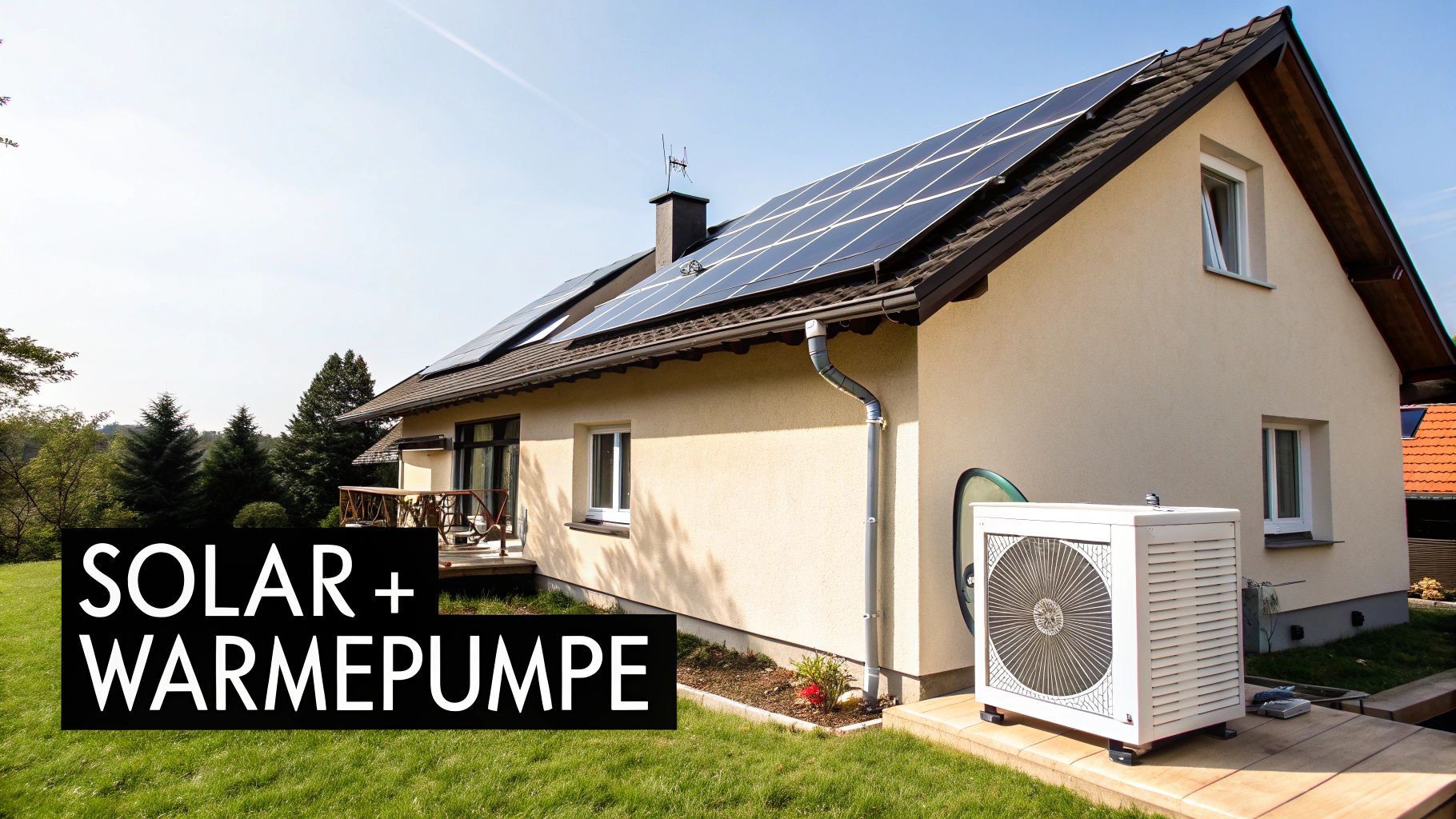 Ein Einfamilienhaus mit Solarmodulen auf dem Dach und einer Wärmepumpe im Garten, das umweltfreundliche Energielösungen zeigt.