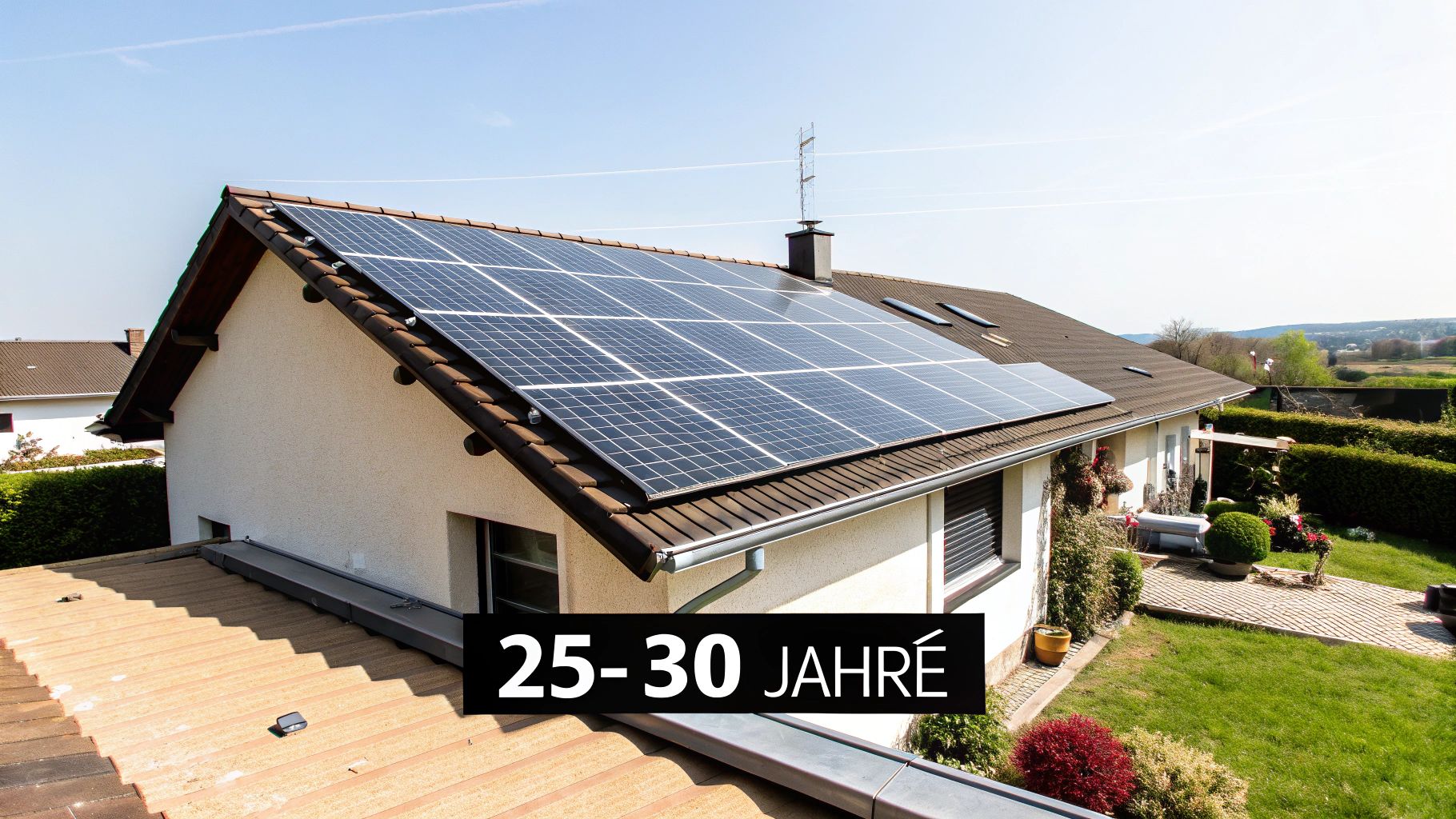 Haus mit Photovoltaikanlage auf dem Dach und Garten unter blauem Himmel mit Text '25-30 JAHRE'.