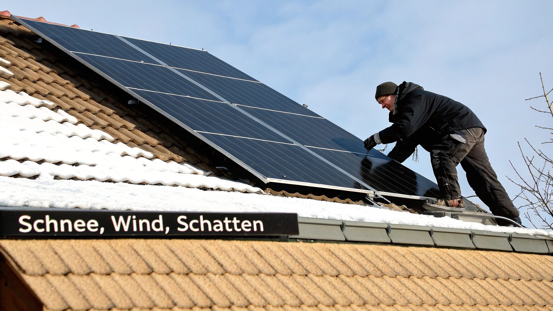 Ein Installateur montiert Solarmodule auf einem teilweise schneebedeckten Hausdach bei blauem Himmel.