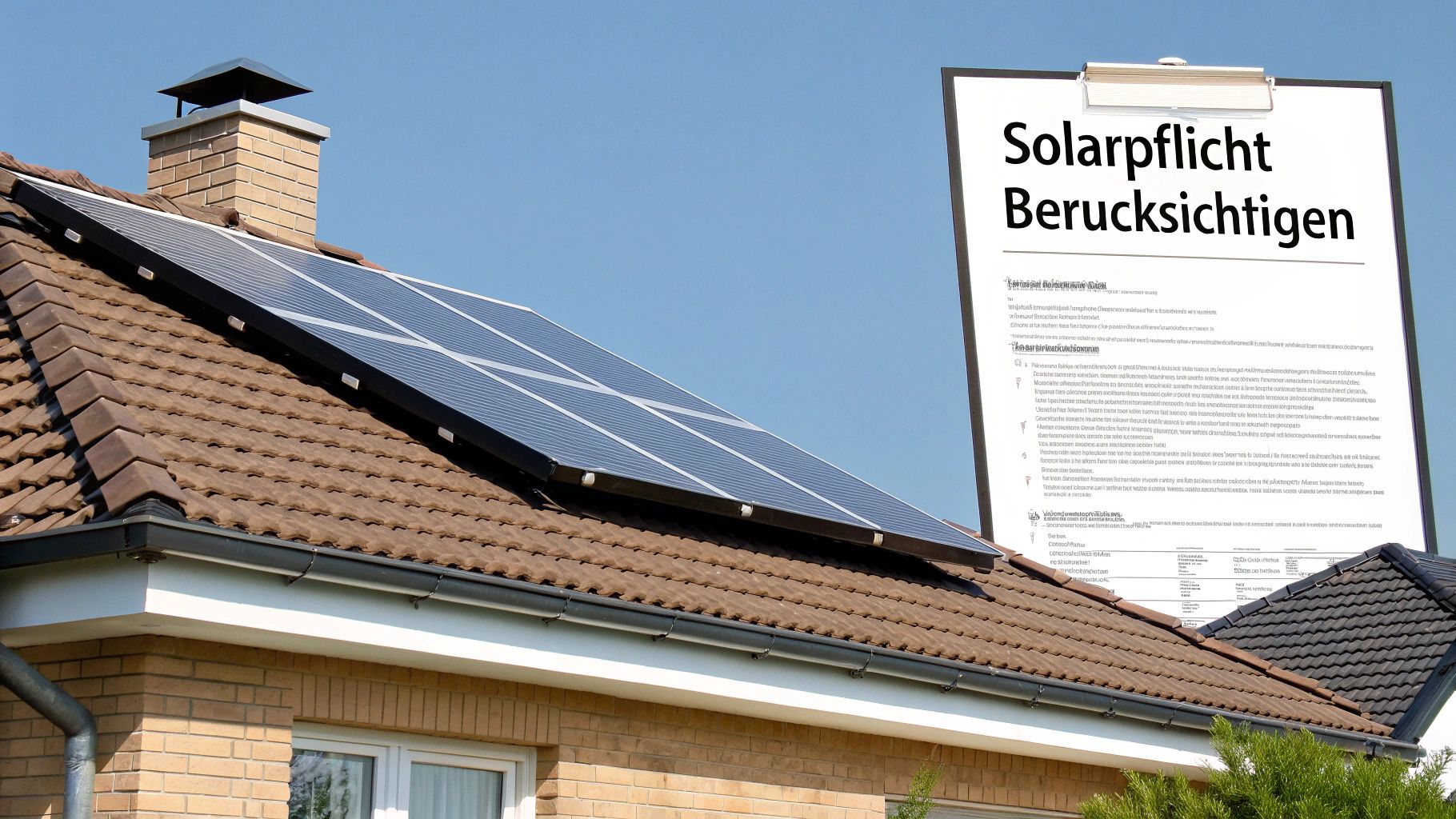 Hausdach mit Solaranlage und einem Dokument mit der Aufschrift 'Solarpflicht Berücksichtigen' vor blauem Himmel.