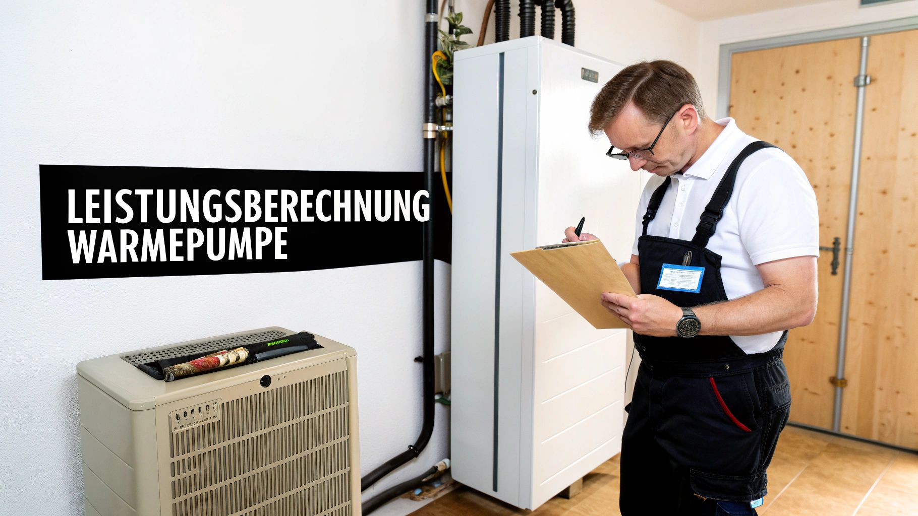 Techniker prüft Wärmepumpe und macht Notizen auf einem Klemmbrett. Im Hintergrund steht ein weiteres Heizgerät.