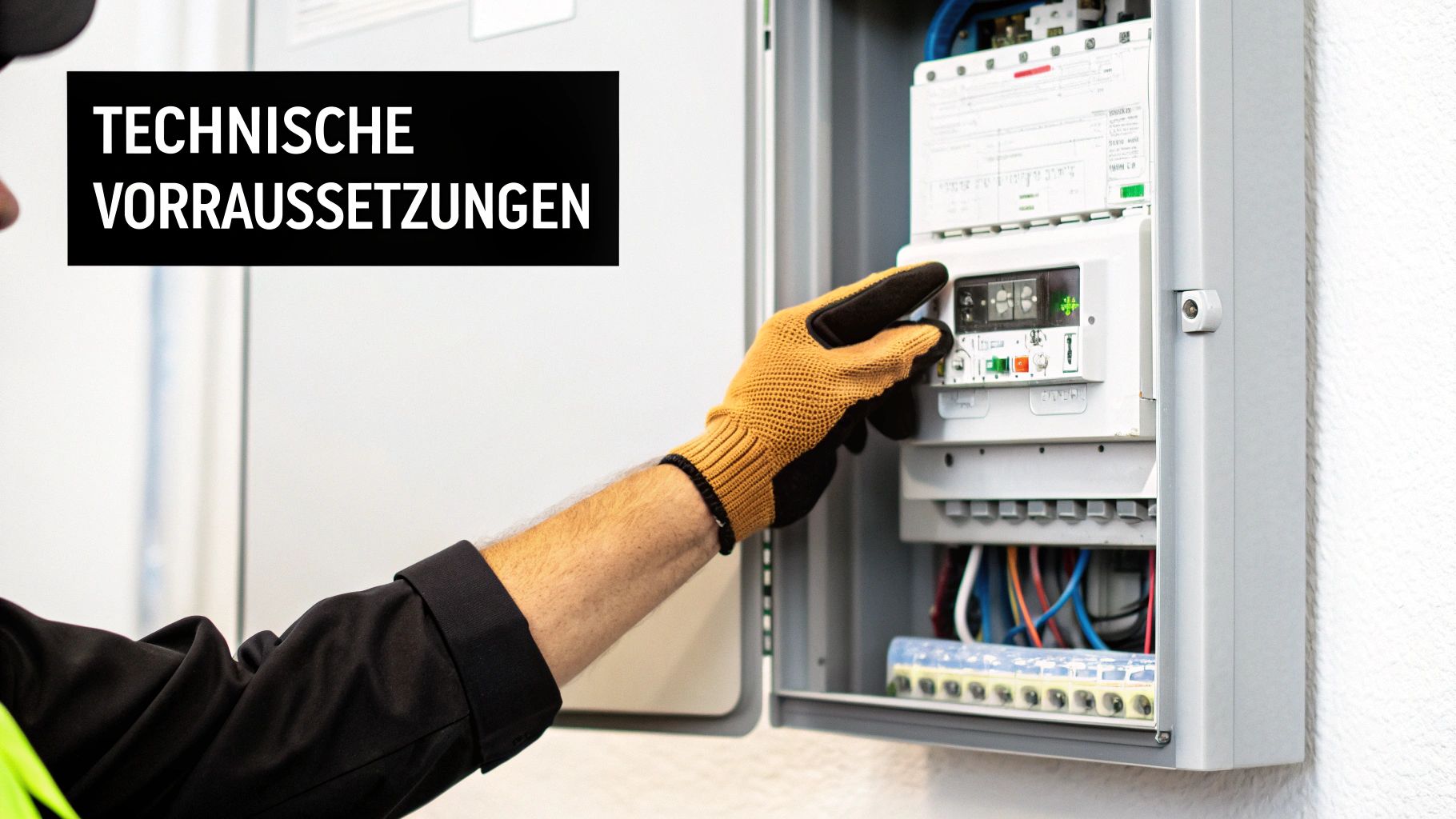 Eine Person mit Arbeitshandschuh arbeitet an einem geöffneten Stromkasten mit sichtbaren Kabeln und Bedienelementen. Der Text „TECHNISCHE VORAUSSETZUNGEN“ ist eingeblendet.