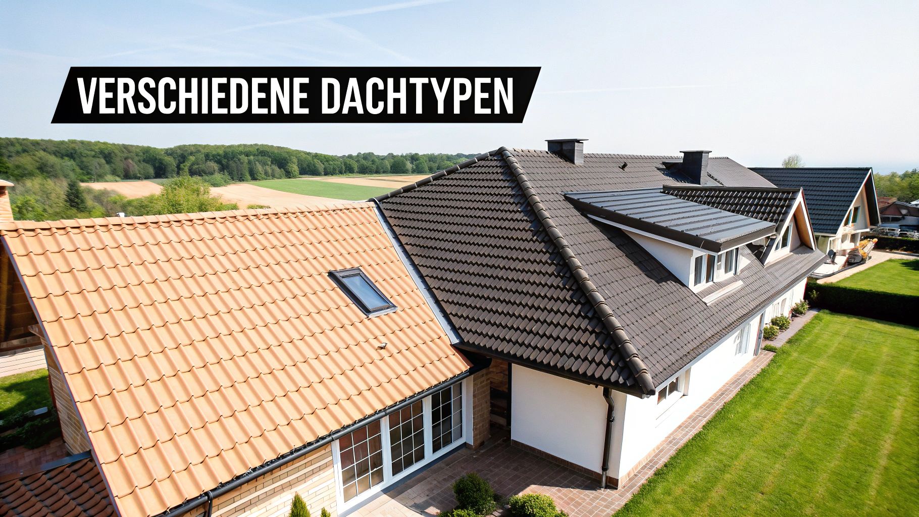 Luftaufnahme von Häusern mit verschiedenen Dachtypen, darunter Ziegel- und Falzdächer, mit Dachfenster und Dachgauben.