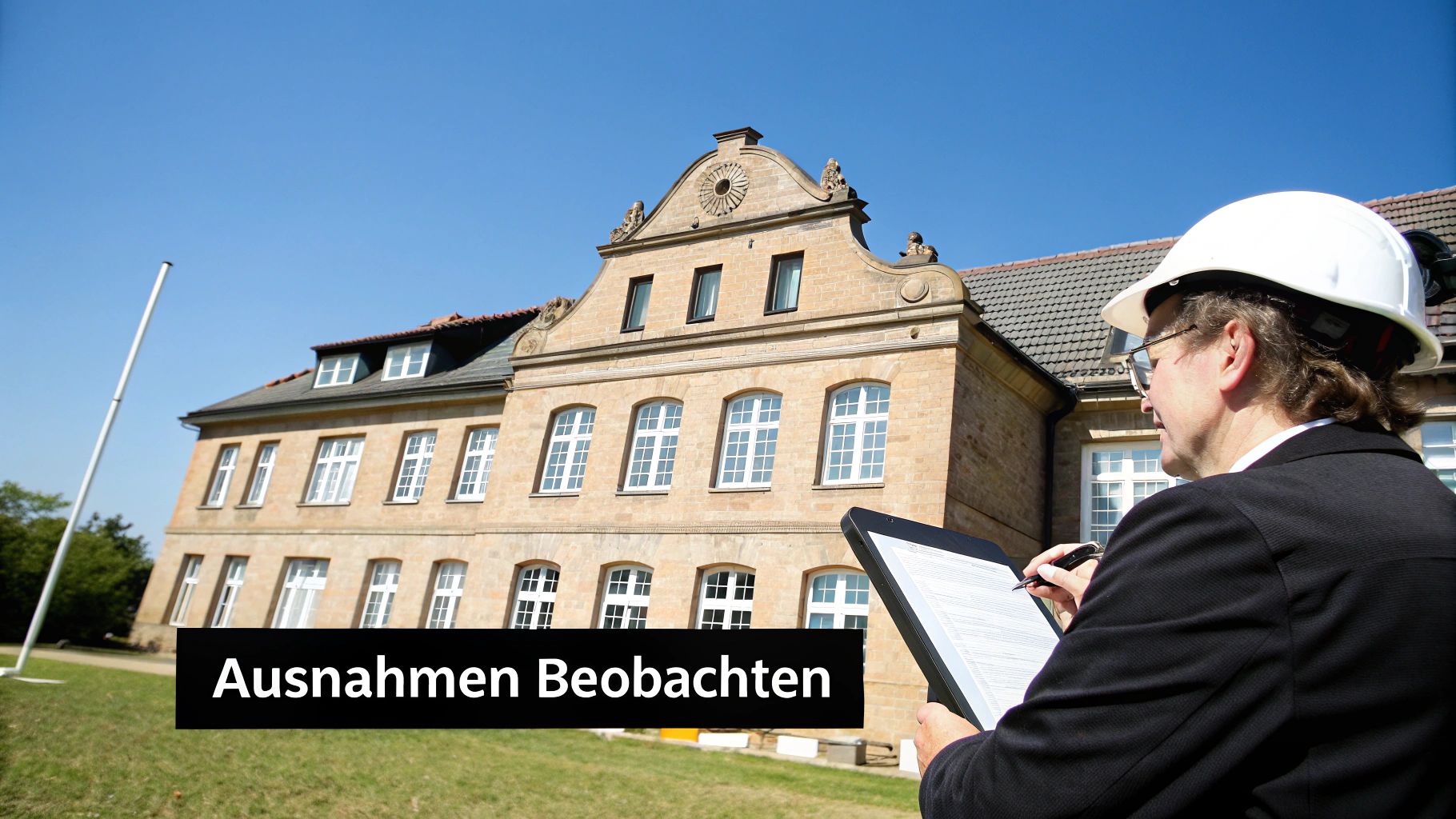 Ein Ingenieur in Schutzhelm prüft ein historisches Gebäude. Ein Hinweis auf 'Ausnahmen Beobachten' ist eingeblendet.