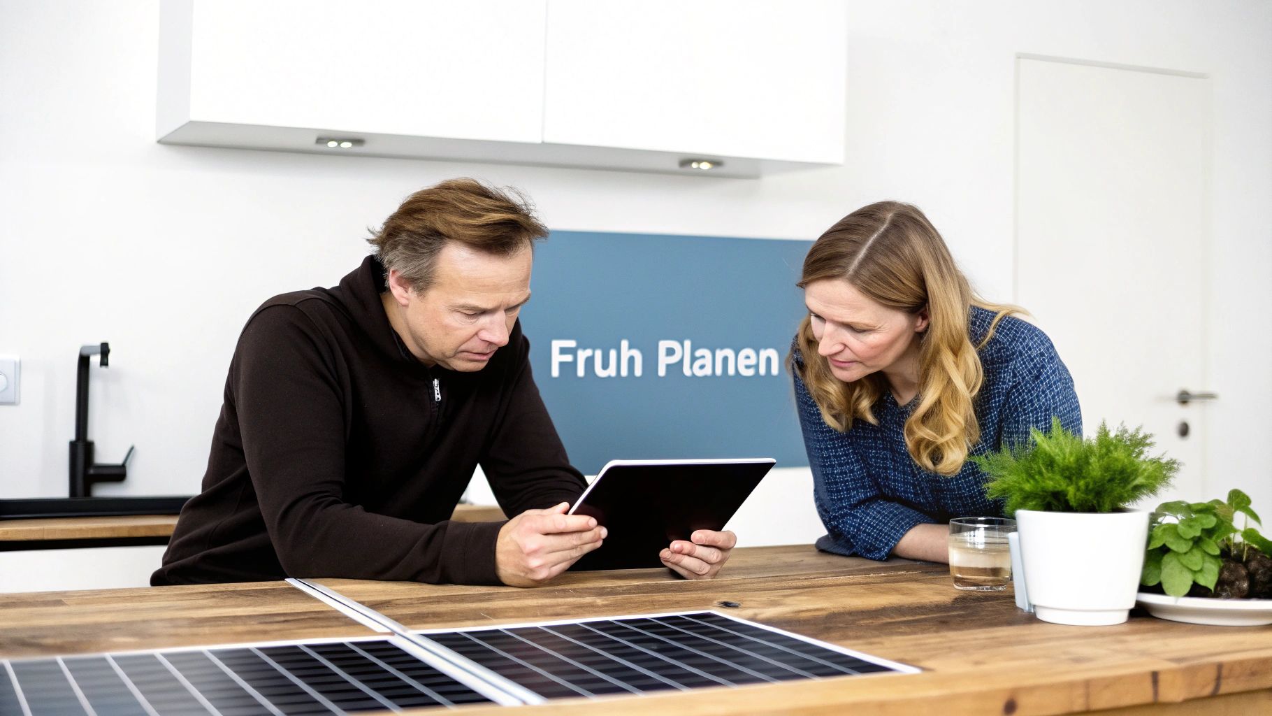 Ein Paar schaut gemeinsam auf ein Tablet neben Modell-Solarpaneelen und plant zukünftige Projekte.