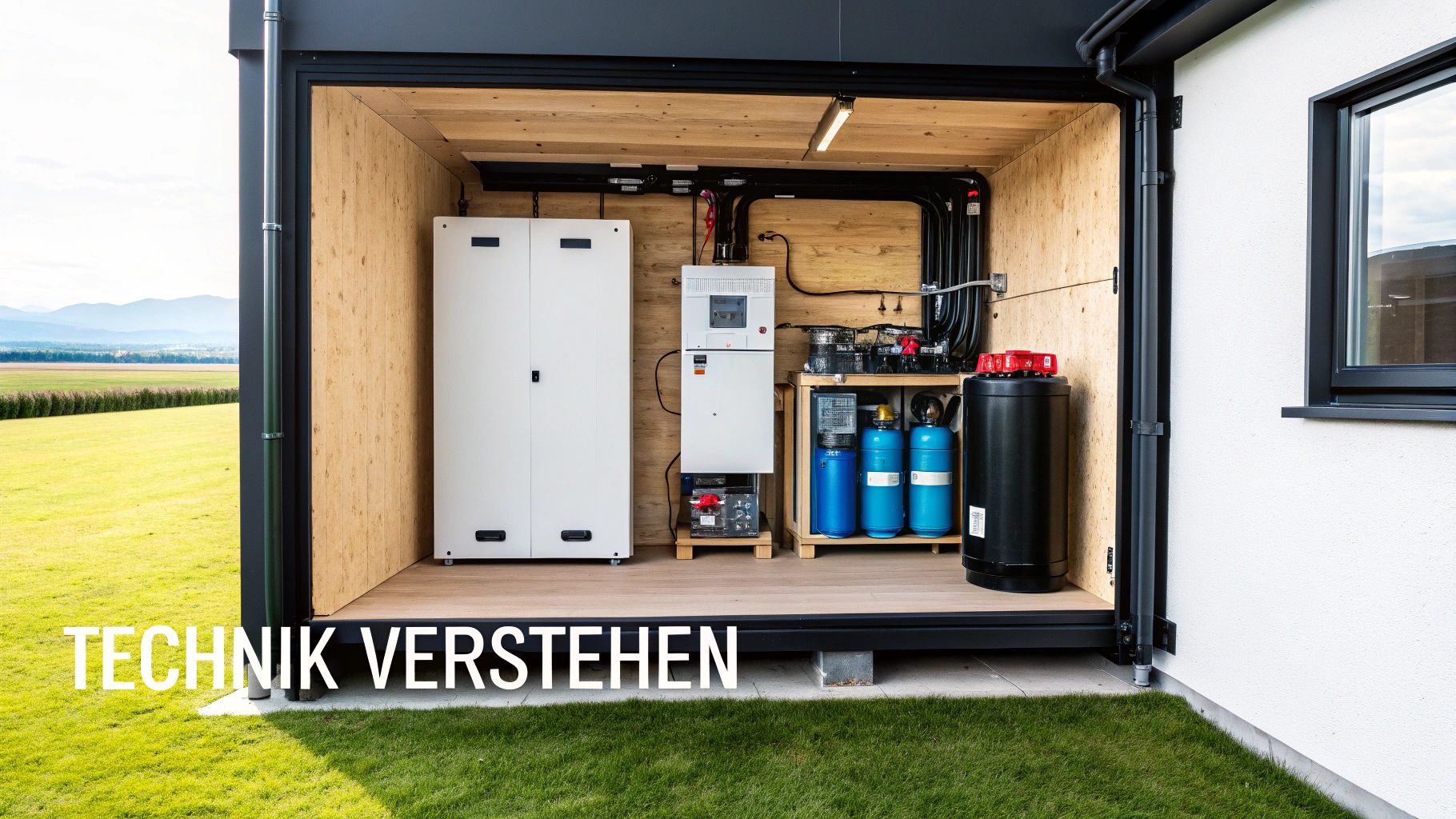 Moderner Technikraum für Wärmepumpe und Photovoltaik mit Speichern und Steuerungseinheiten in ländlicher Umgebung.