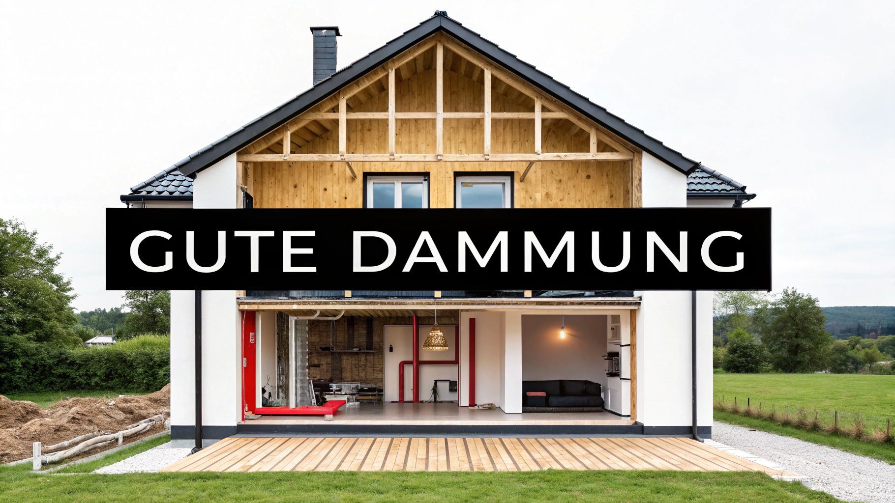 Querschnitt eines Hauses mit sichtbarer Holzkonstruktion, roten Rohren und der Aufschrift „GUTE DÄMMUNG“.