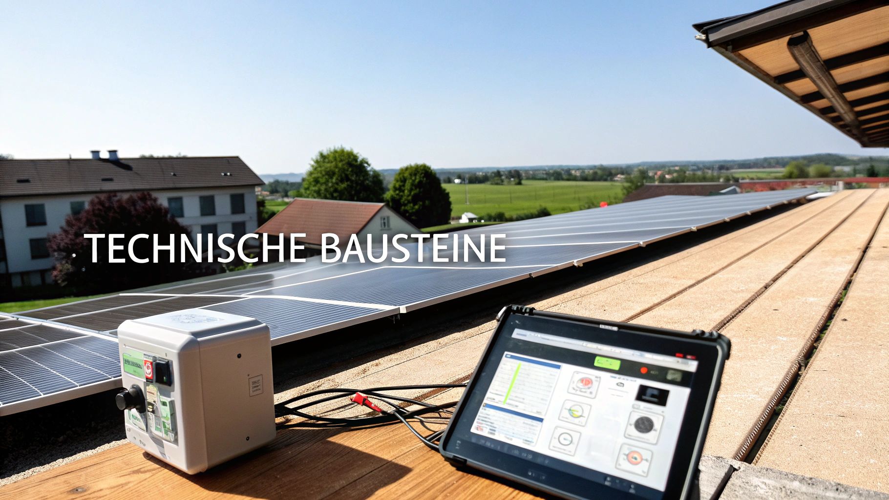 Solaranlage auf einem Dach mit Steuergerät und Tablet, im Hintergrund Häuser und Landschaft unter blauem Himmel.