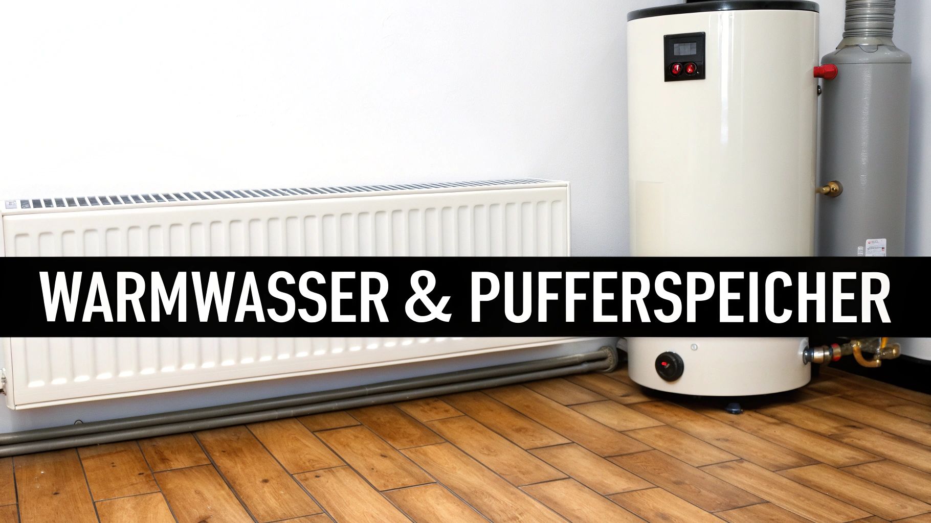 Ein Raum mit weißem Heizkörper, großem Warmwasserspeicher und grauem Pufferspeicher auf Holzfußboden. Banner: Warmwasser & Pufferspeicher.