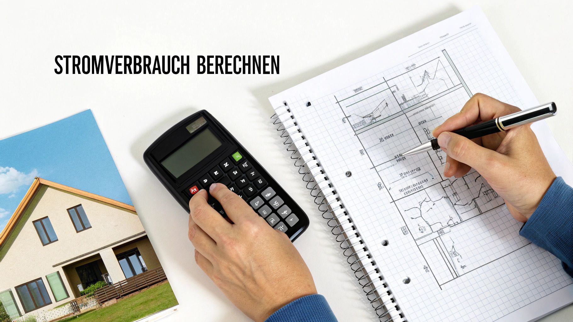 Eine Person berechnet den Stromverbrauch eines Hauses mit einem Taschenrechner und Bauplänen.
