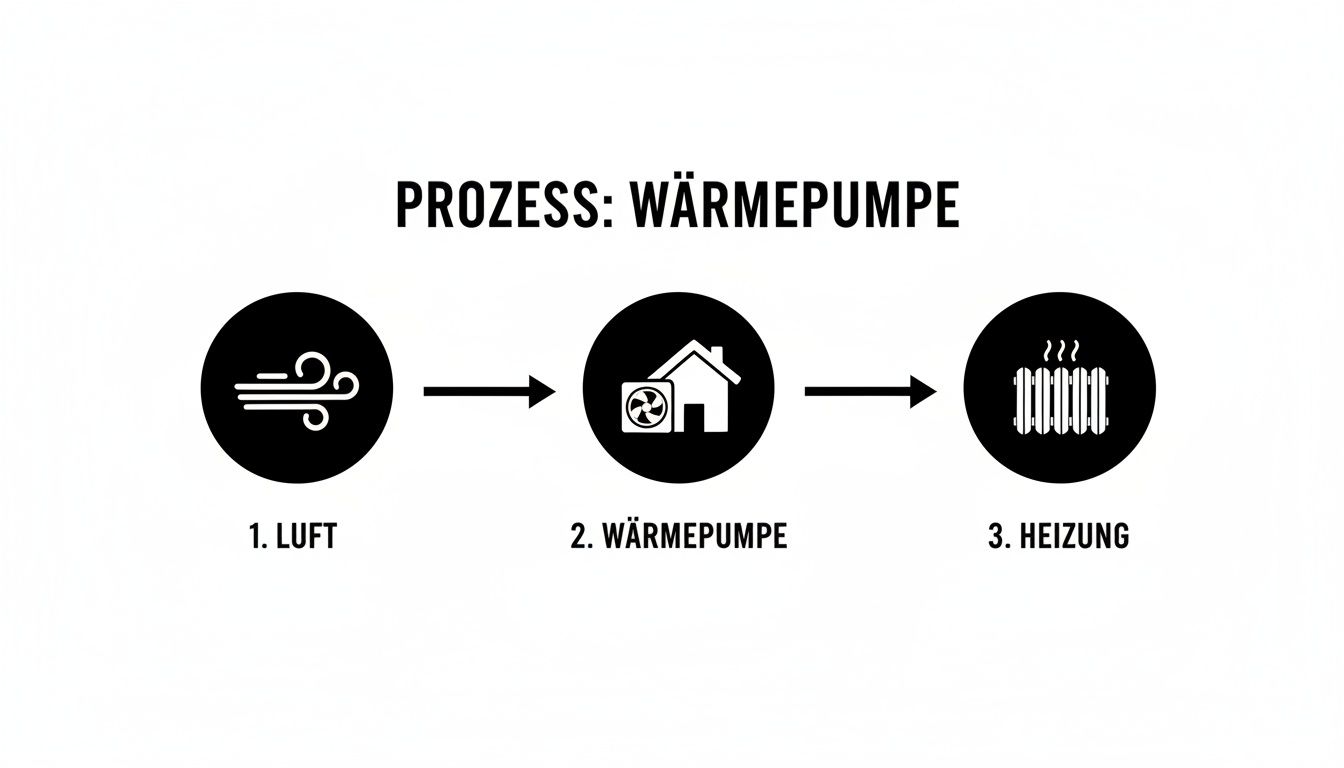 Ein Diagramm, das den Prozess einer Wärmepumpe darstellt: von der Luft zur Wärmepumpe und schließlich zur Heizung.
