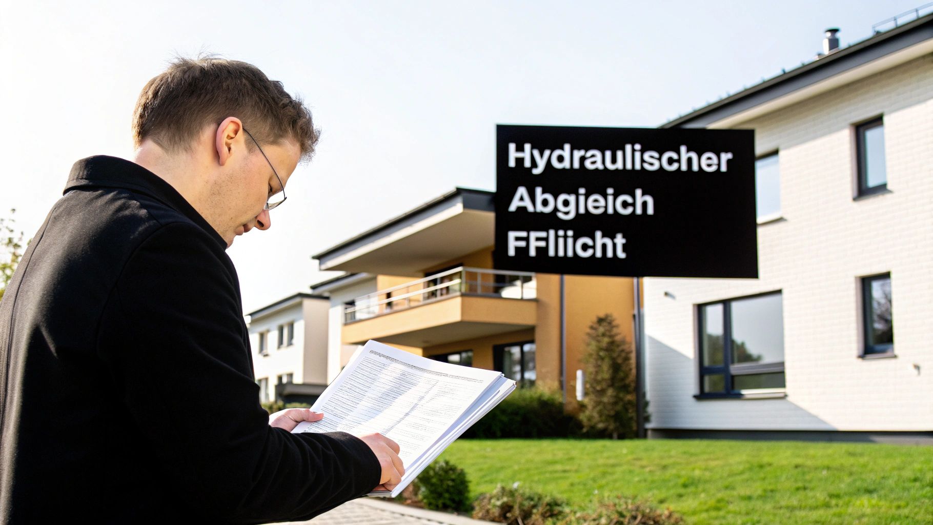 Ein Mann mit Brille liest Dokumente vor modernen Häusern mit einem Schild zum hydraulischen Abgleich.