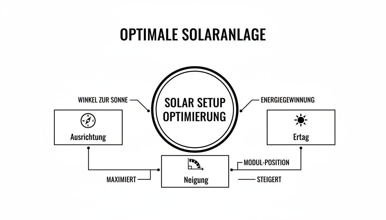 Diagramm zur optimalen Solaranlage: Ausrichtung und Neigung maximieren Energieertrag und -gewinnung.