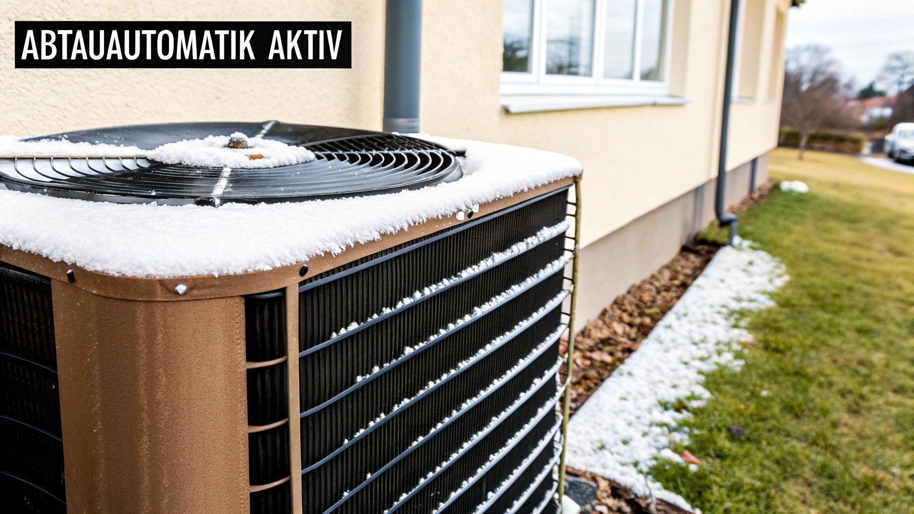 Wärmepumpen-Außengerät mit Schnee bedeckt und Abtautomatik-Meldung, neben einem Haus im Winter.