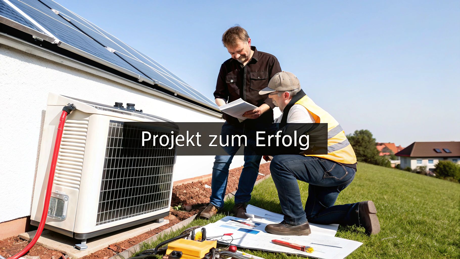 Zwei Männer besprechen Pläne neben einer Wärmepumpe und Photovoltaikanlage auf einem Hausdach.