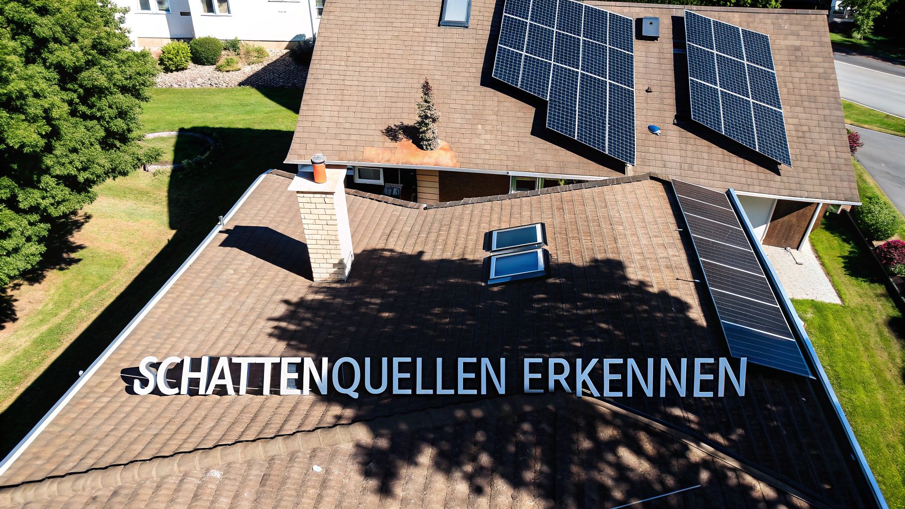 Luftaufnahme eines Daches mit Solaranlagen und Baumschatten, der die PV-Module beeinflusst.