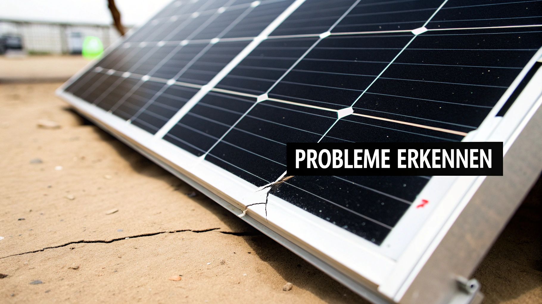 Ein beschädigtes Solarpanel liegt auf sandigem Boden mit einem deutlichen Riss und dem Text 'Probleme erkennen'.