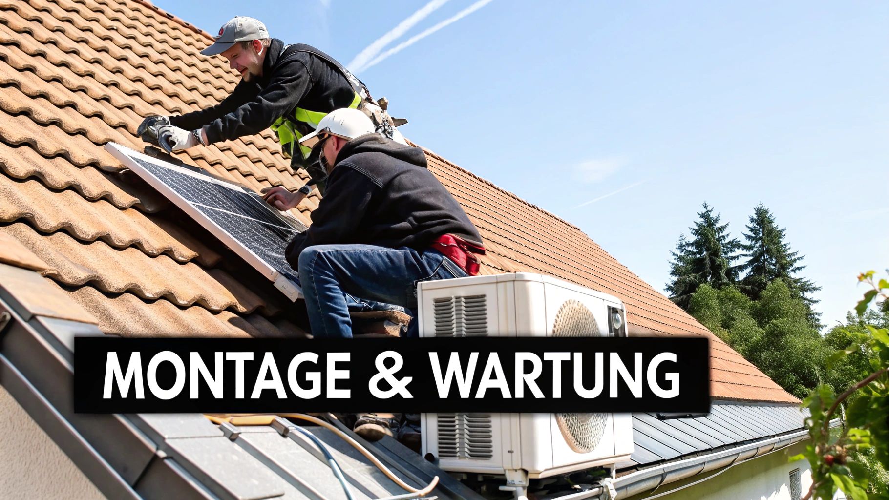 Zwei Handwerker montieren Solarmodule auf einem Ziegeldach, neben einer Wärmepumpe und mit blauem Himmel.