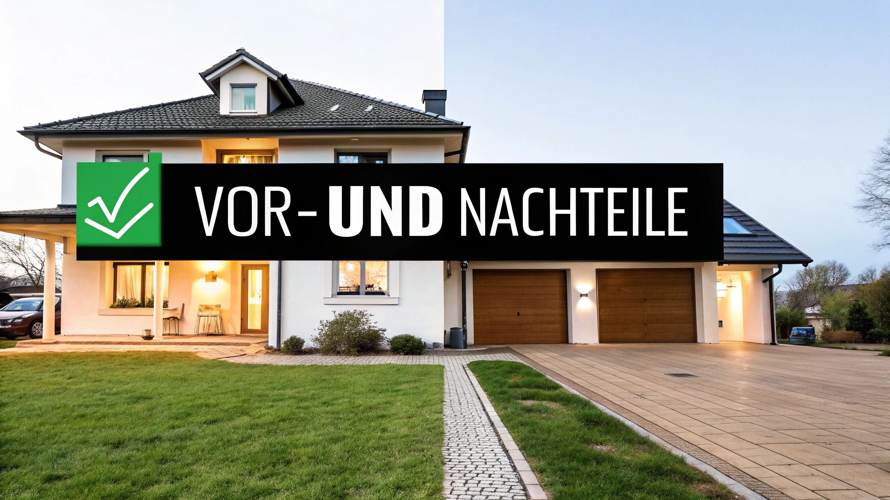 Eine geteilte Ansicht eines Hauses mit der Aufschrift „VOR- UND NACHTEILE“ und einem Häkchensymbol.