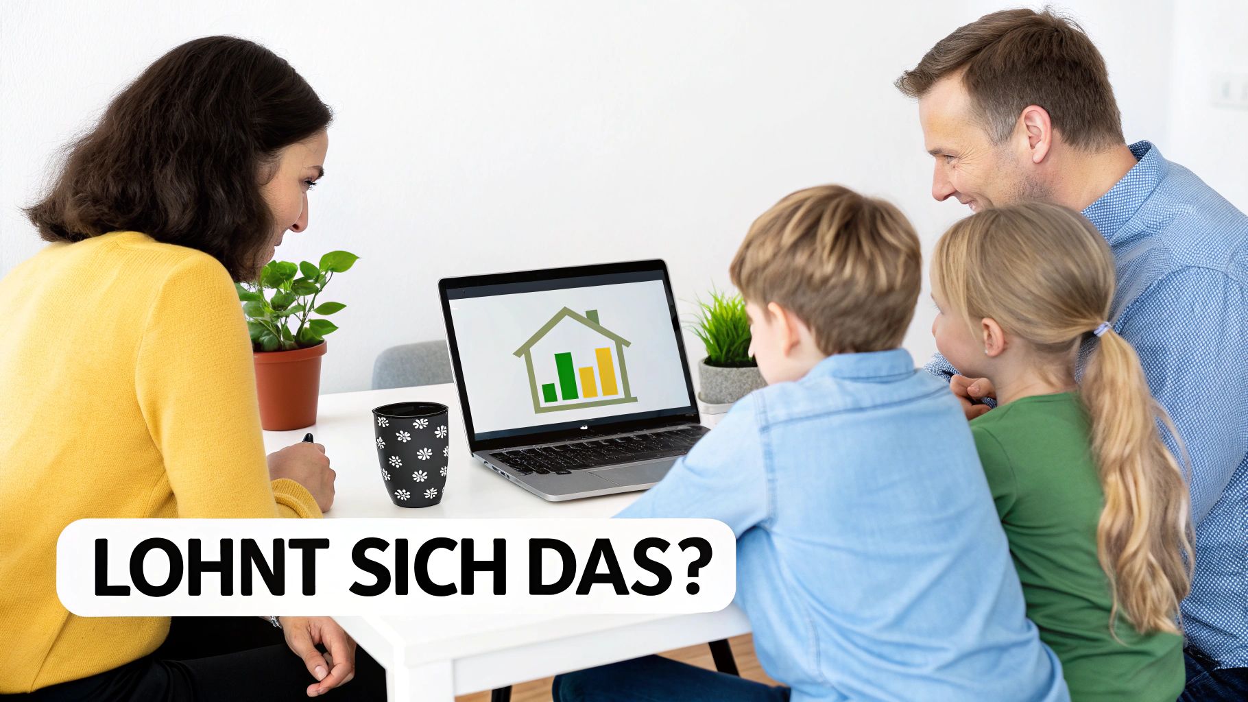 Familie schaut auf Laptop mit Haus und Effizienzdiagramm, diskutiert über die Rentabilität einer Investition.