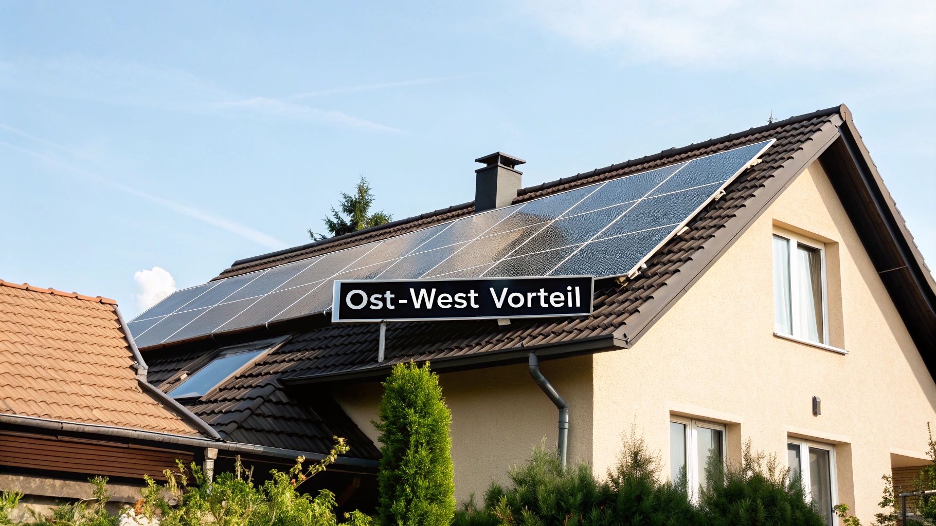 Hausdach mit Photovoltaik-Modulen und einem Schild „Ost-West Vorteil“ unter strahlend blauem Himmel.