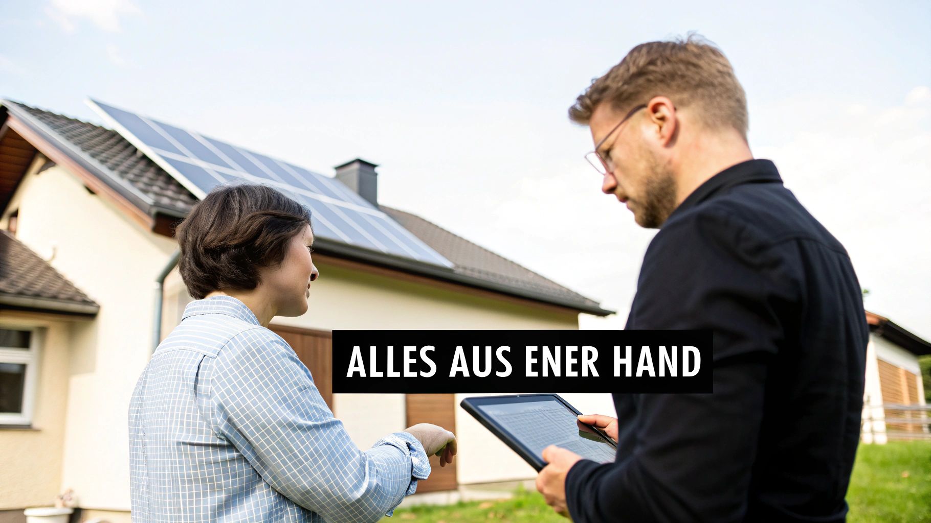 Zwei Personen beraten sich vor einem Haus mit Solaranlage zum Thema Photovoltaik.