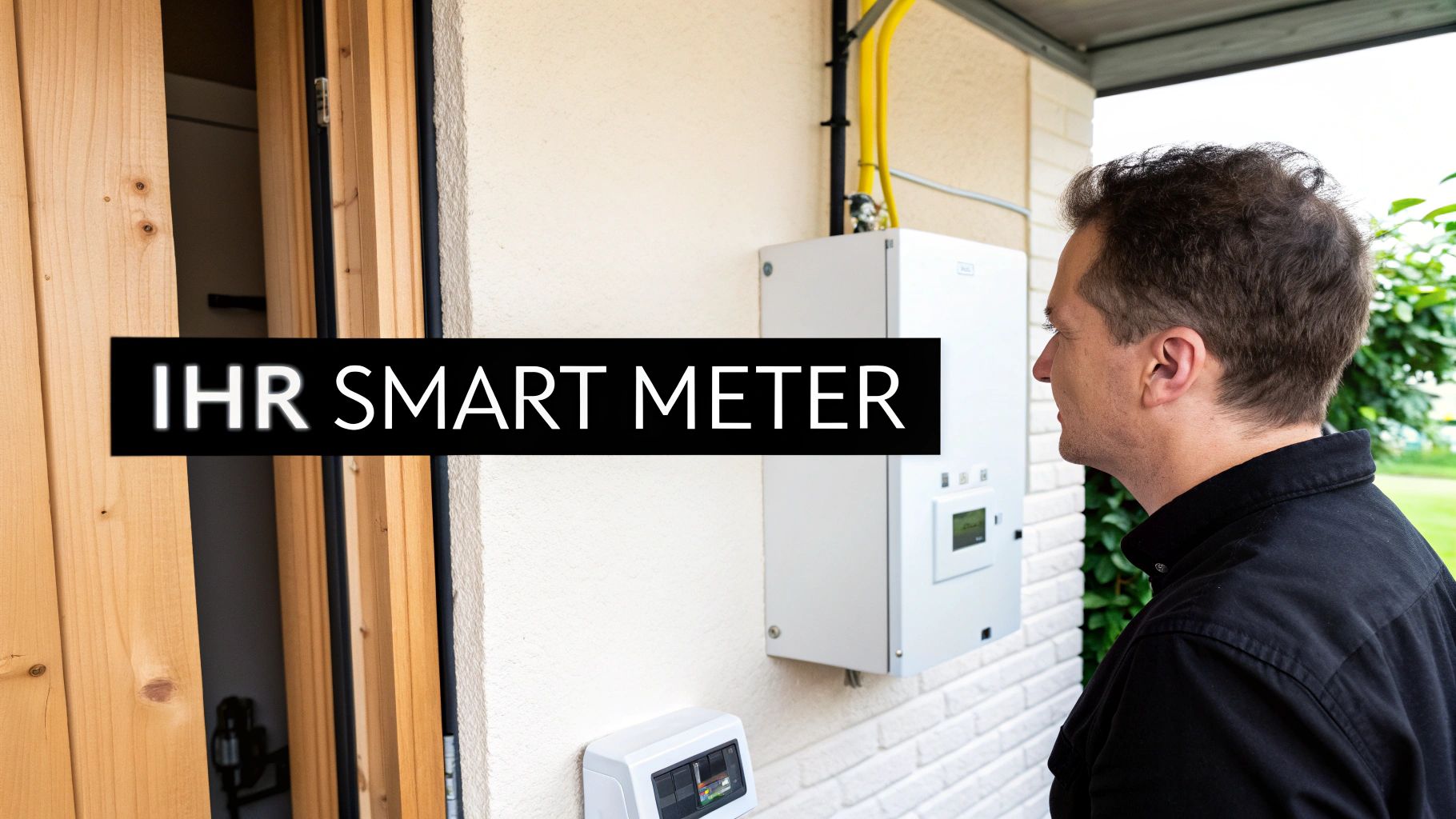 Ein Mann betrachtet einen an der Wand montierten Smart Meter mit gelben Kabeln im Hintergrund.