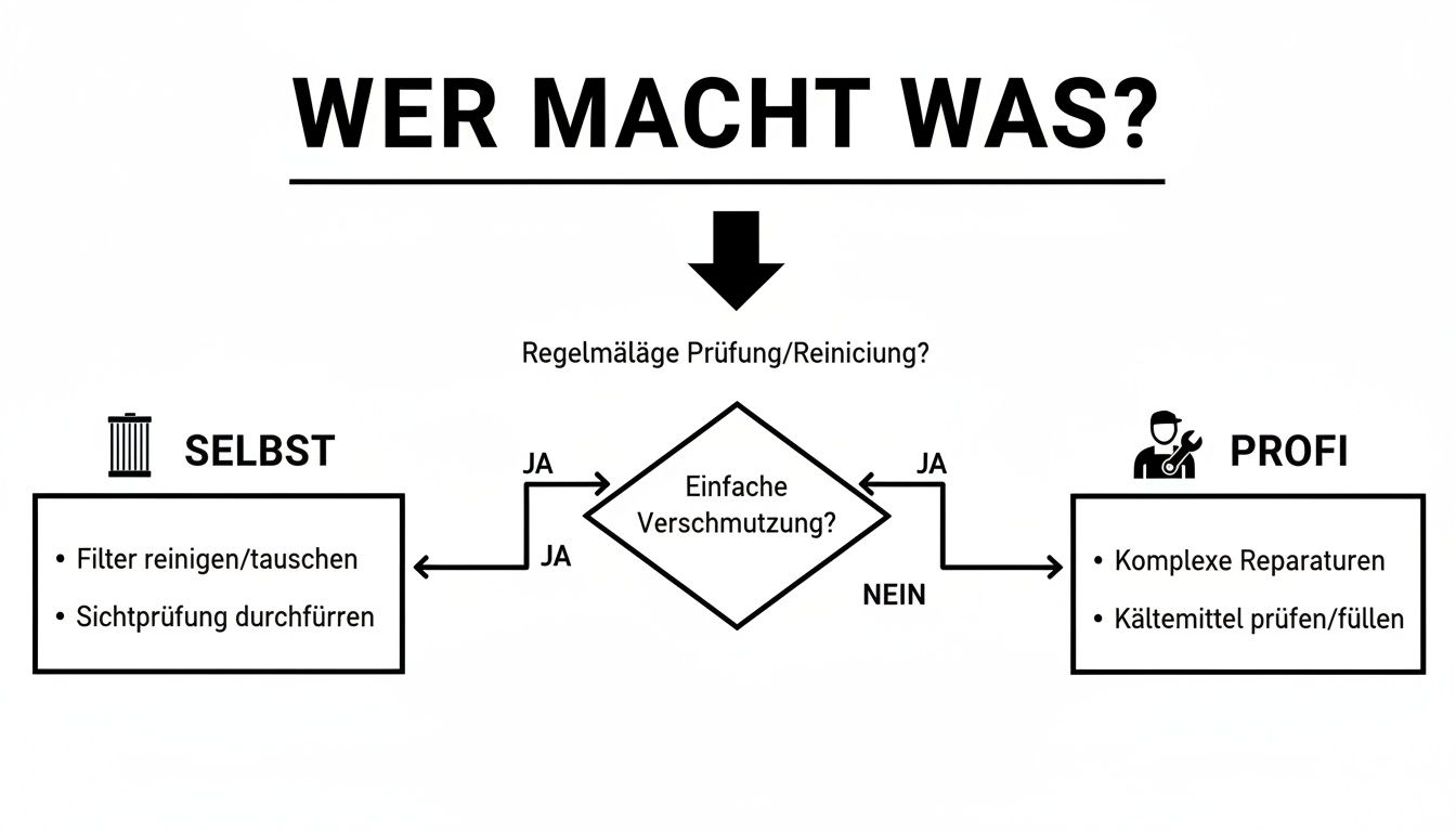 Flussdiagramm zur Klimaanlagenwartung: Wer macht was? Unterscheidung zwischen DIY und Profi-Aufgaben.