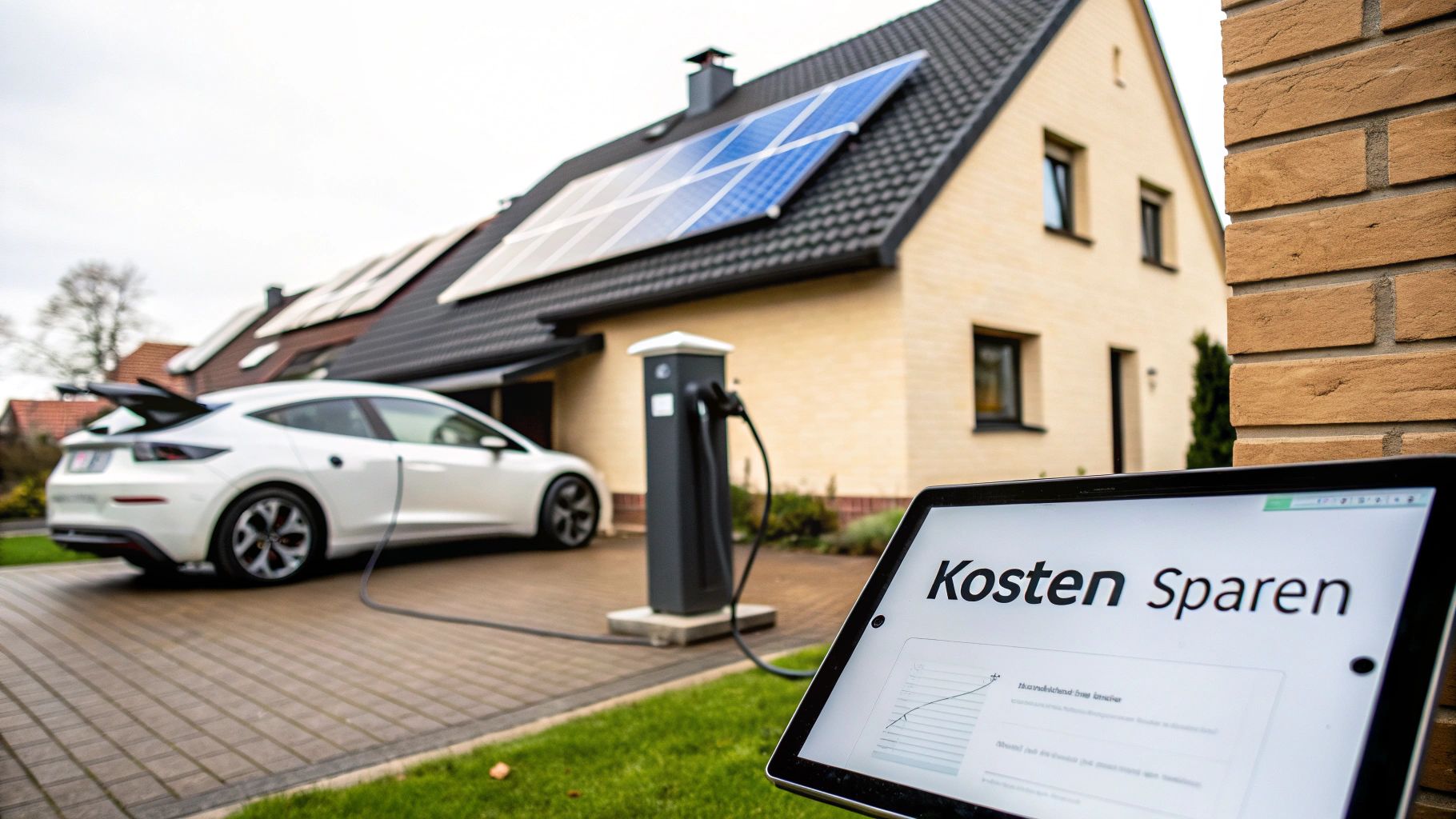 Elektroauto lädt an Wallbox vor einem Haus mit Solarmodulen, im Vordergrund zeigt ein Tablet "Kosten Sparen".