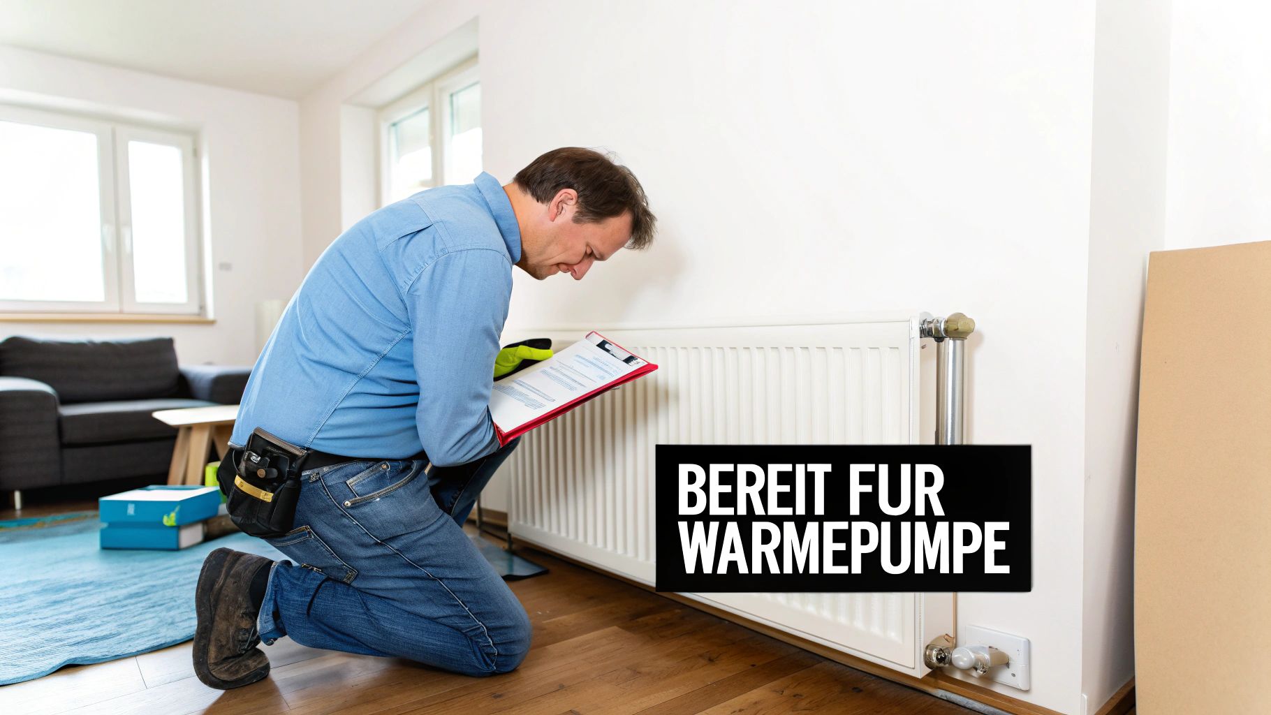 Mann in Arbeitskleidung prüft Heizkörper mit Klemmbrett, bereit für Wärmepumpen-Umrüstung.