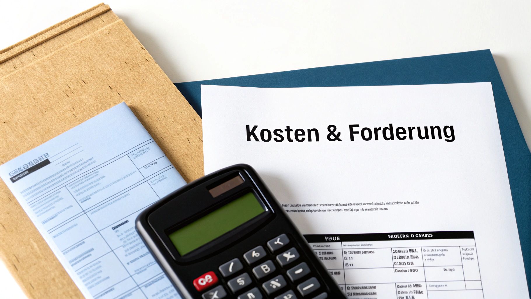 Ein Taschenrechner, Dokumente und ein Ordner liegen auf einem Tisch, mit der Aufschrift 'Kosten & Forderung'.