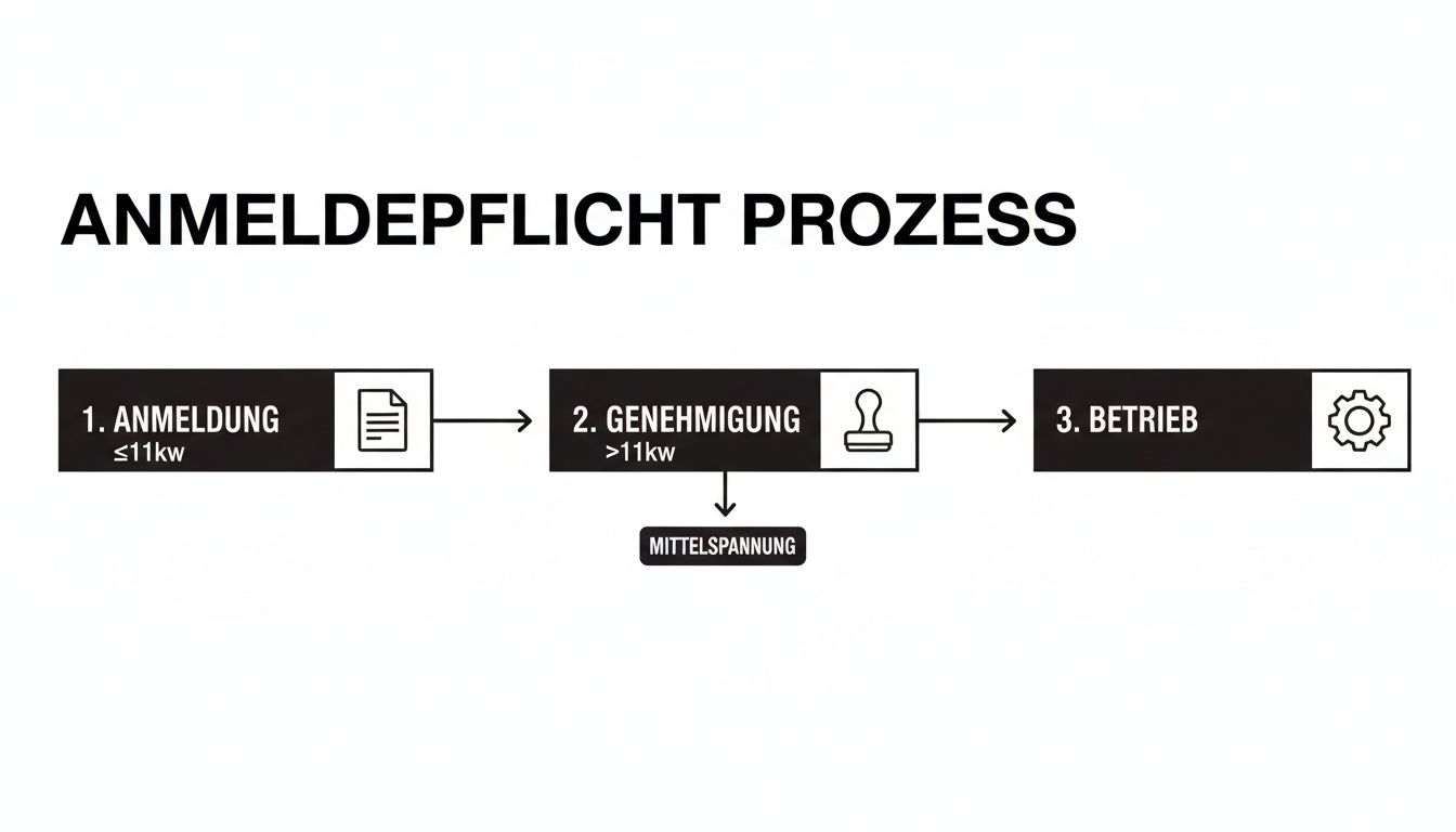 Flussdiagramm des Anmeldepflicht-Prozesses für elektrische Anlagen mit Schritten zur Anmeldung, Genehmigung und Betrieb.