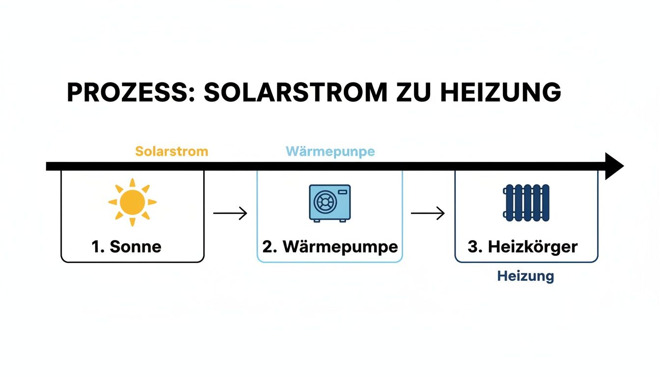 Prozessdiagramm zeigt die Umwandlung von Solarstrom über eine Wärmepumpe in Heizwärme für Heizkörper.
