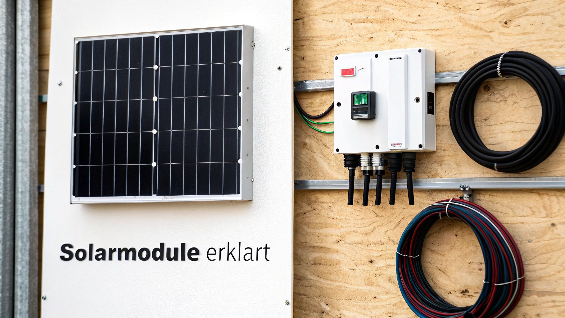 Nahaufnahme einer Solarmoduleinheit und zugehöriger Elektronik mit Kabeln auf Holz- und weißen Platten.