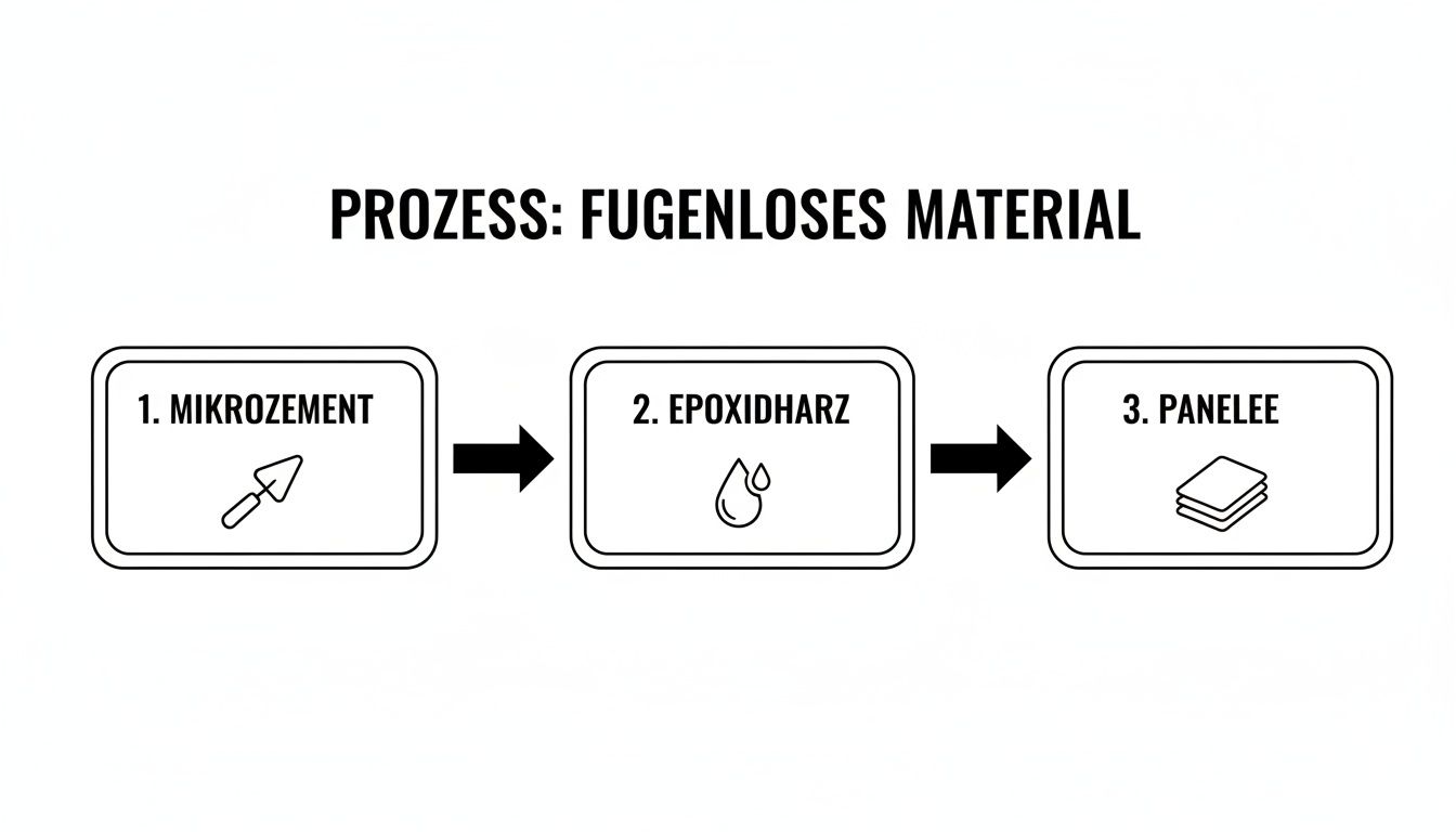 Prozessdarstellung für fugenloses Material: Mikrozement, Epoxidharz und Paneele in drei Schritten erklärt.