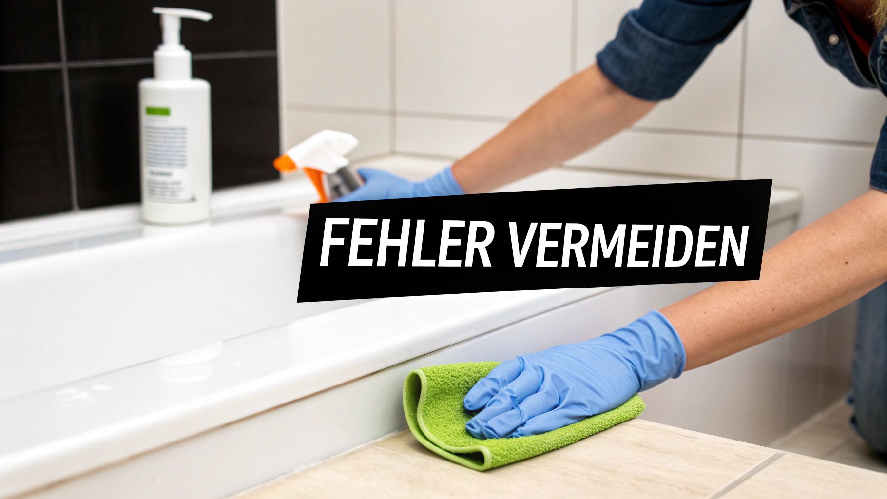 Person mit blauen Handschuhen reinigt Badezimmer, eine Badewanne oder Dusche, mit einem Lappen und Sprühflasche. Text: Fehler vermeiden.