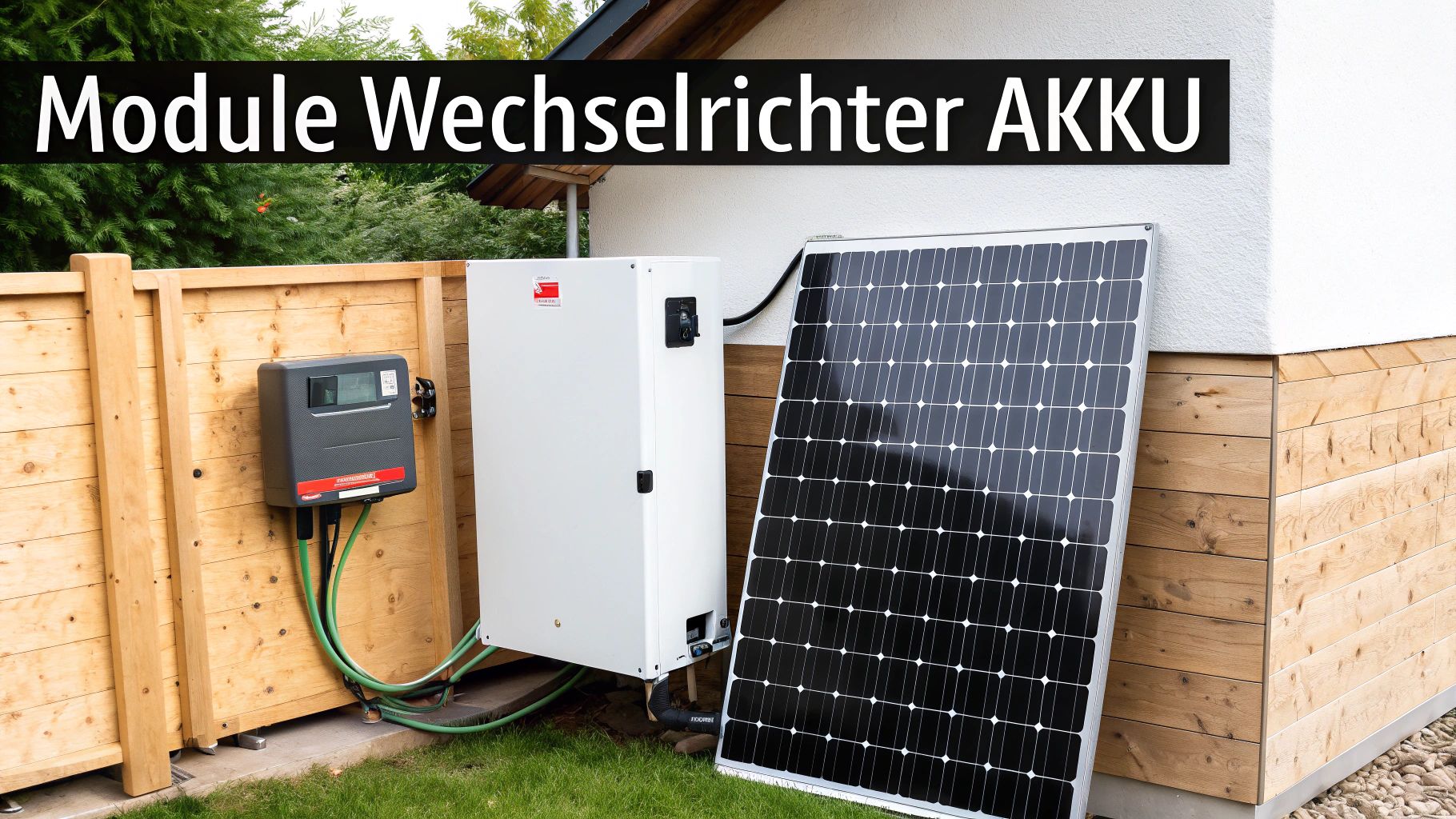 Photovoltaikanlage mit Solarmodul, Wechselrichter und Akku im Garten an einer Hauswand installiert.