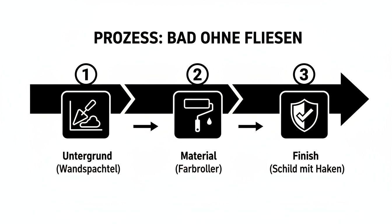 Prozess zur Badrenovierung ohne Fliesen: Untergrund vorbereiten, Material auftragen und Finish anbringen.