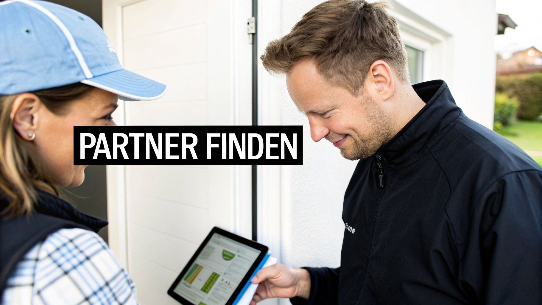 Zwei Personen betrachten gemeinsam ein Tablet und besprechen etwas, während sie lächeln.