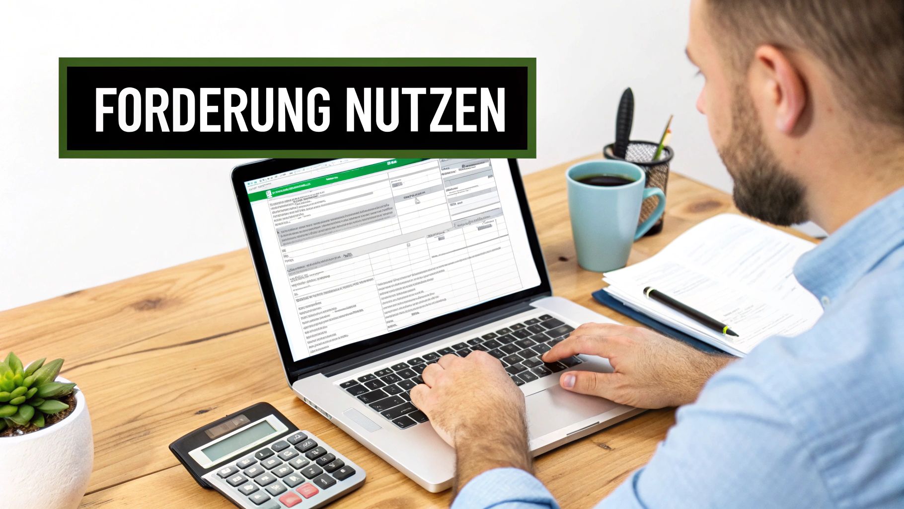 Mann arbeitet konzentriert am Laptop an einem Holzschreibtisch, daneben Kaffeetasse und Taschenrechner. Schriftzug: FÖRDERUNG NUTZEN.