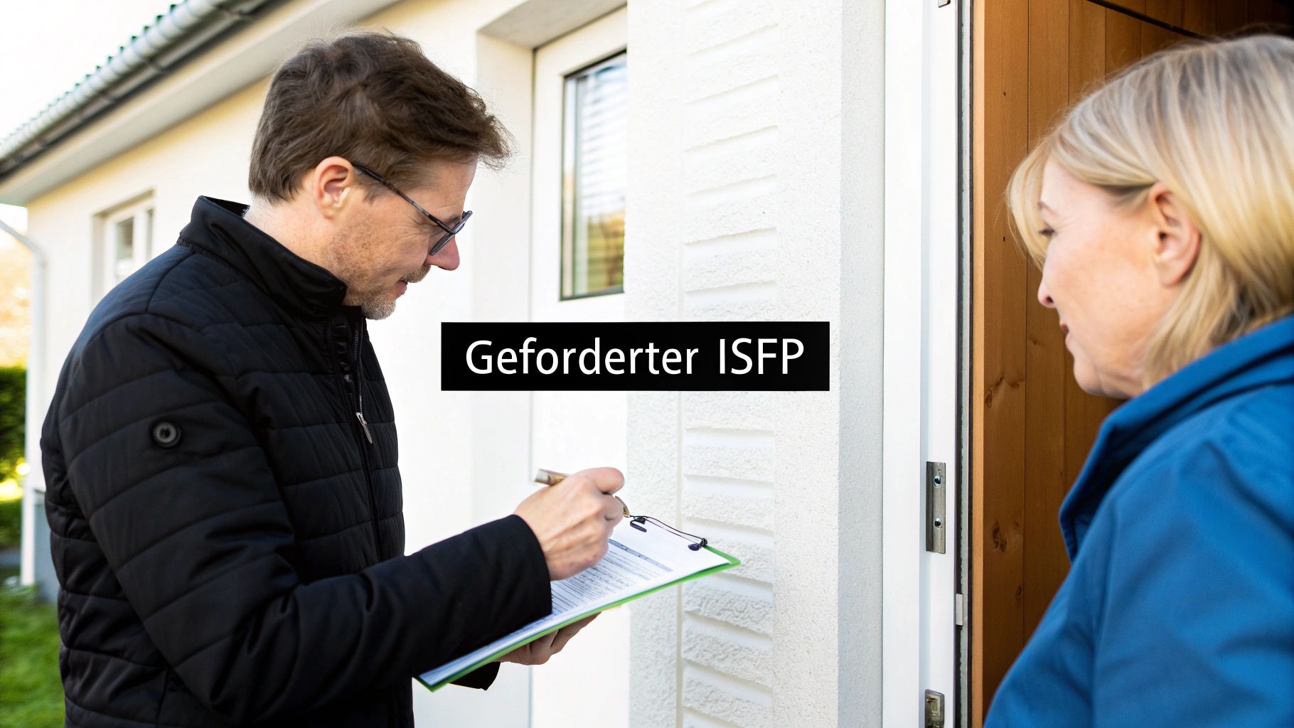 Ein Mann füllt ein Formular an einer Haustür aus, während eine Frau ihm zusieht.