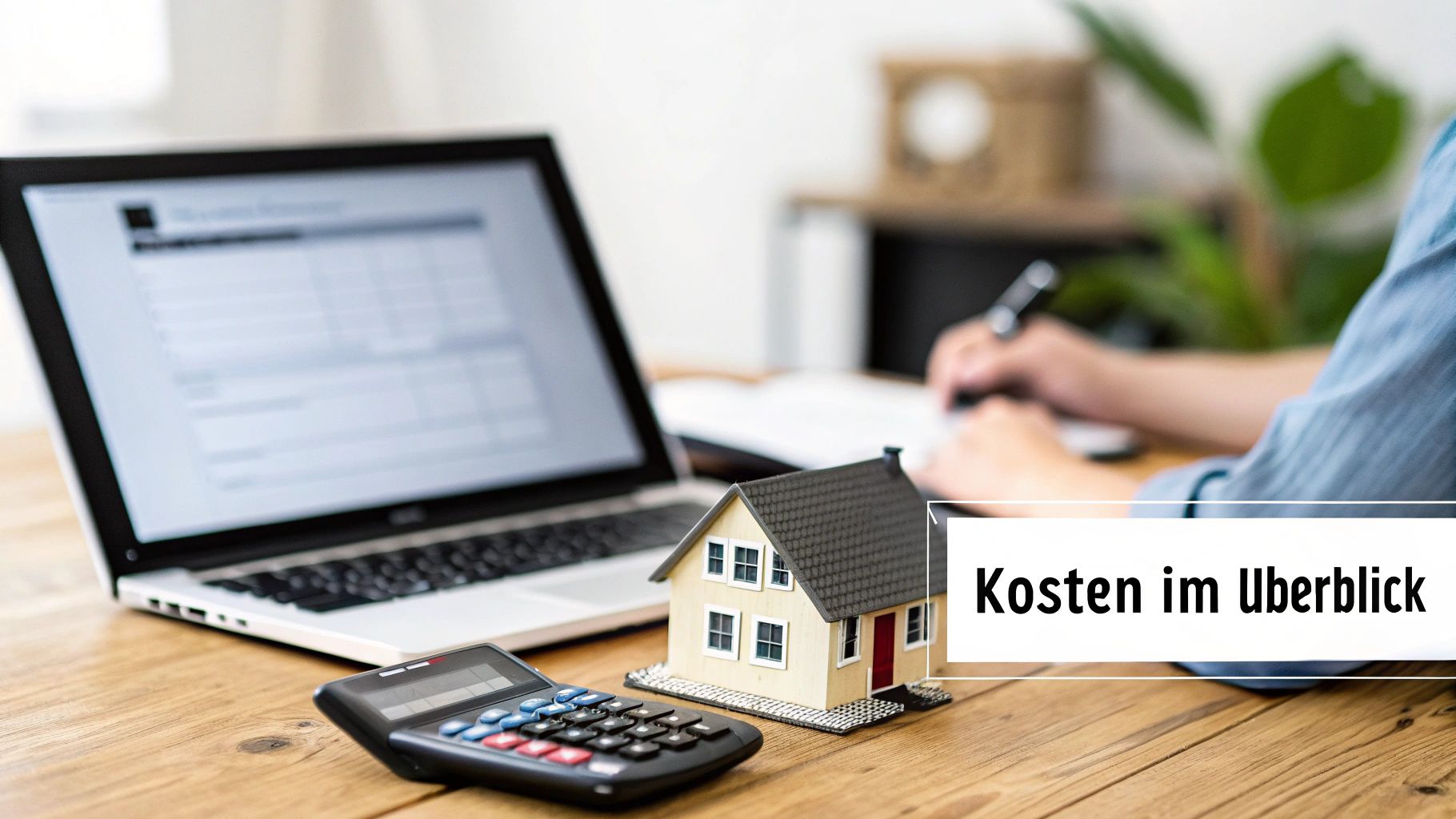 Person berechnet Hauskosten am Laptop mit Taschenrechner und Miniaturhaus, Überschrift 'Kosten im Überblick'.