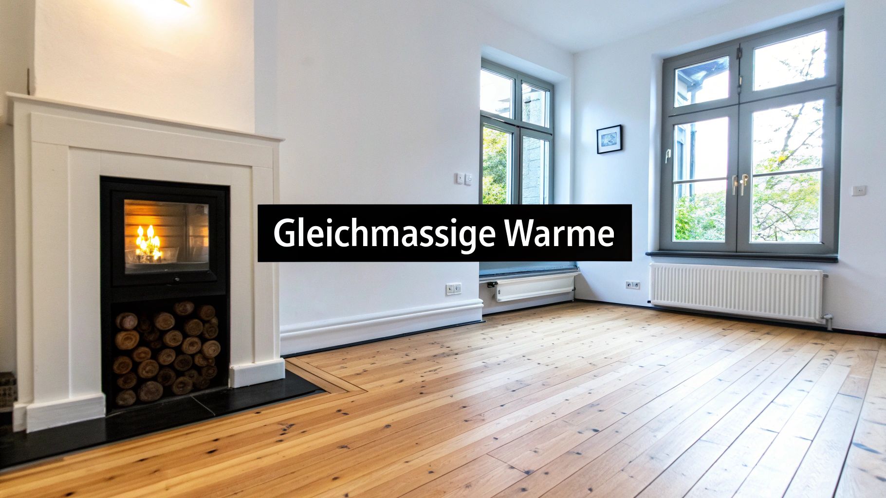 Heller Raum mit Kamin, Holzboden und Fenstern, die gleichmäßige Wärme und Komfort ausstrahlen.