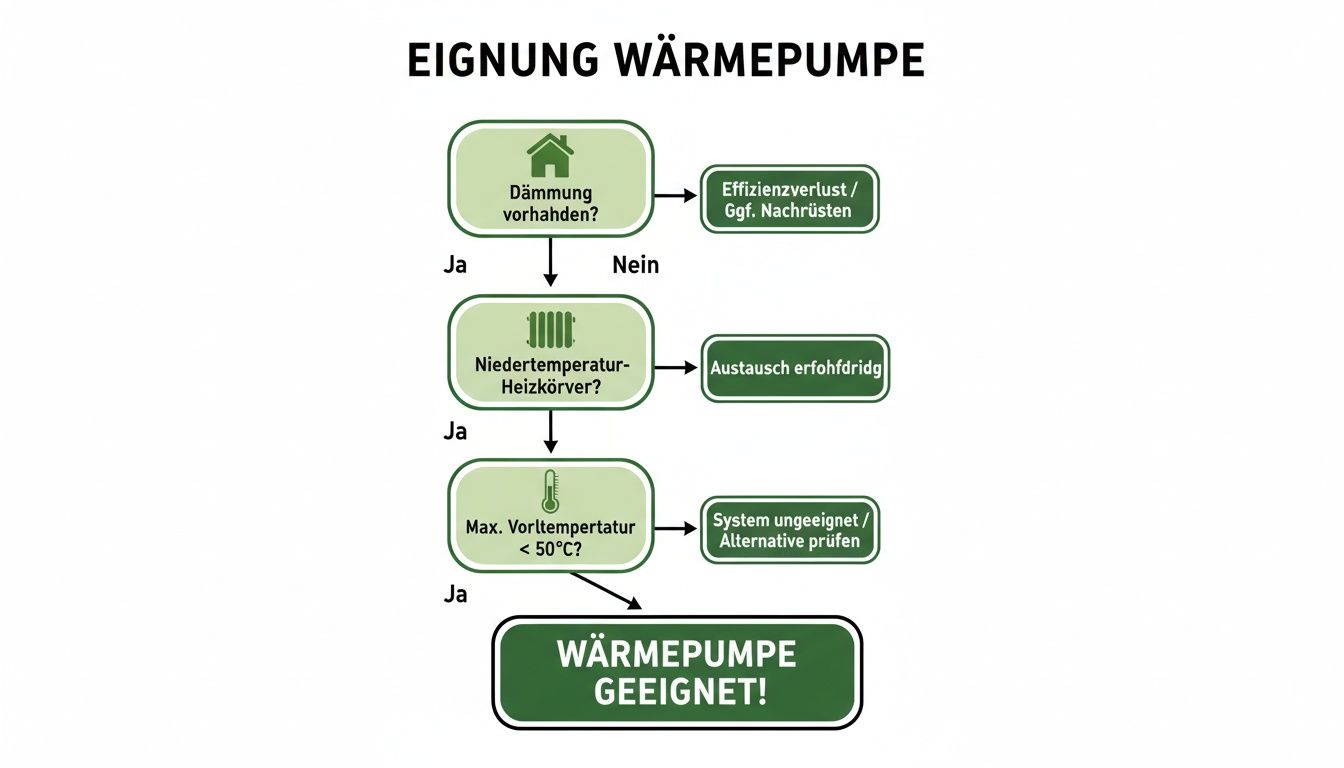 Flussdiagramm zur Eignung einer Wärmepumpe, das Fragen zu Dämmung, Heizkörpern und Vorlauftemperatur beantwortet.