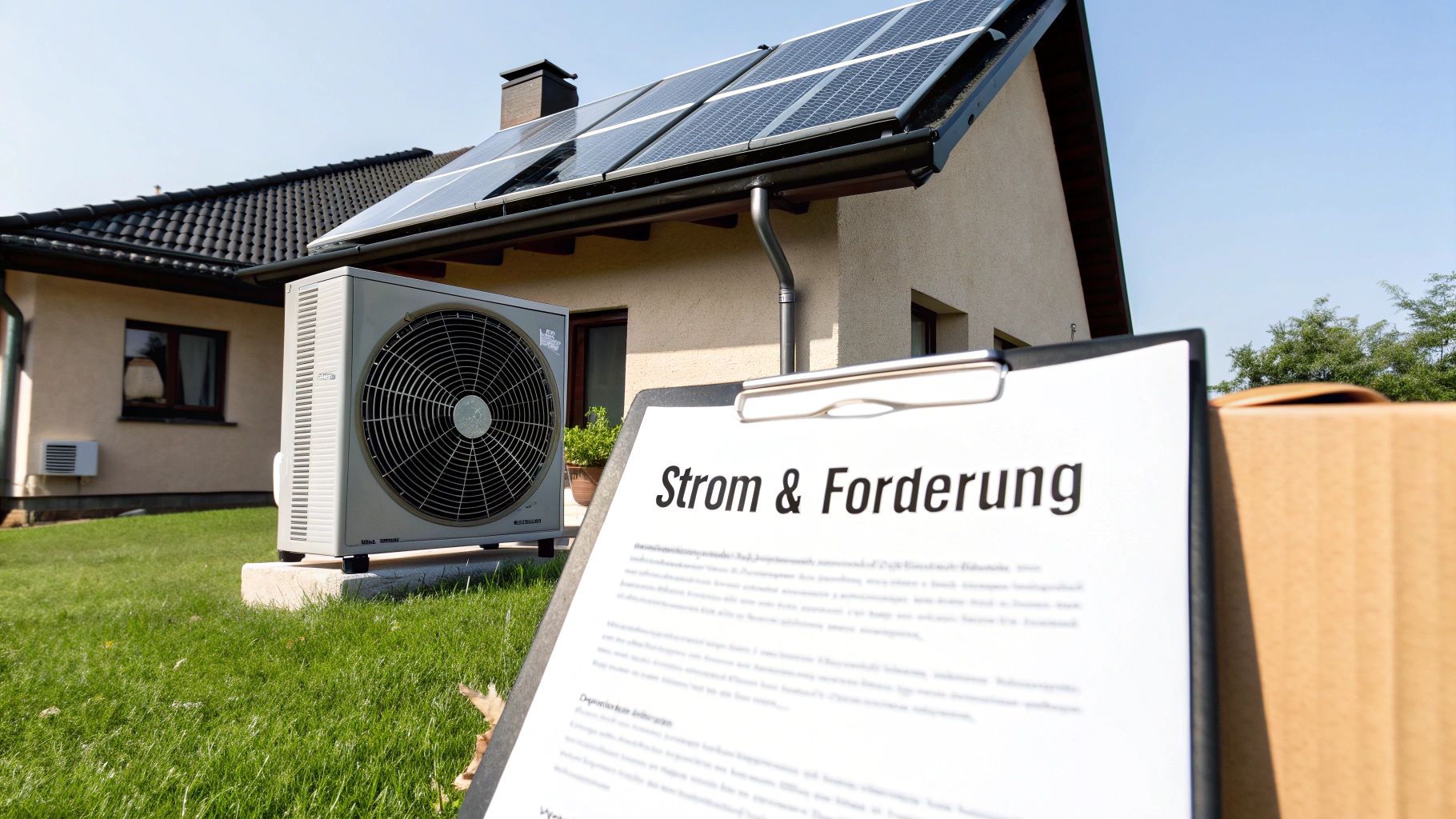 Ein Einfamilienhaus mit Solaranlage auf dem Dach und einer Wärmepumpe im Garten, dazu ein Klemmbrett mit dem Text 'Strom & Förderung'.