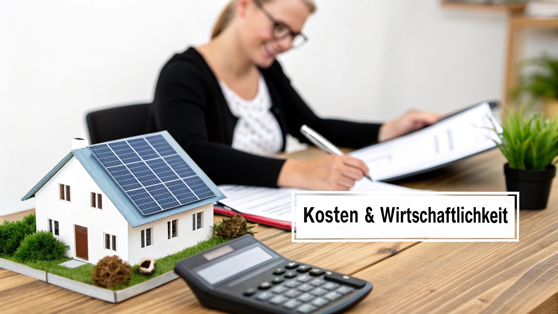 Frau berechnet Kosten und Wirtschaftlichkeit eines Hauses mit Solaranlage und Taschenrechner.
