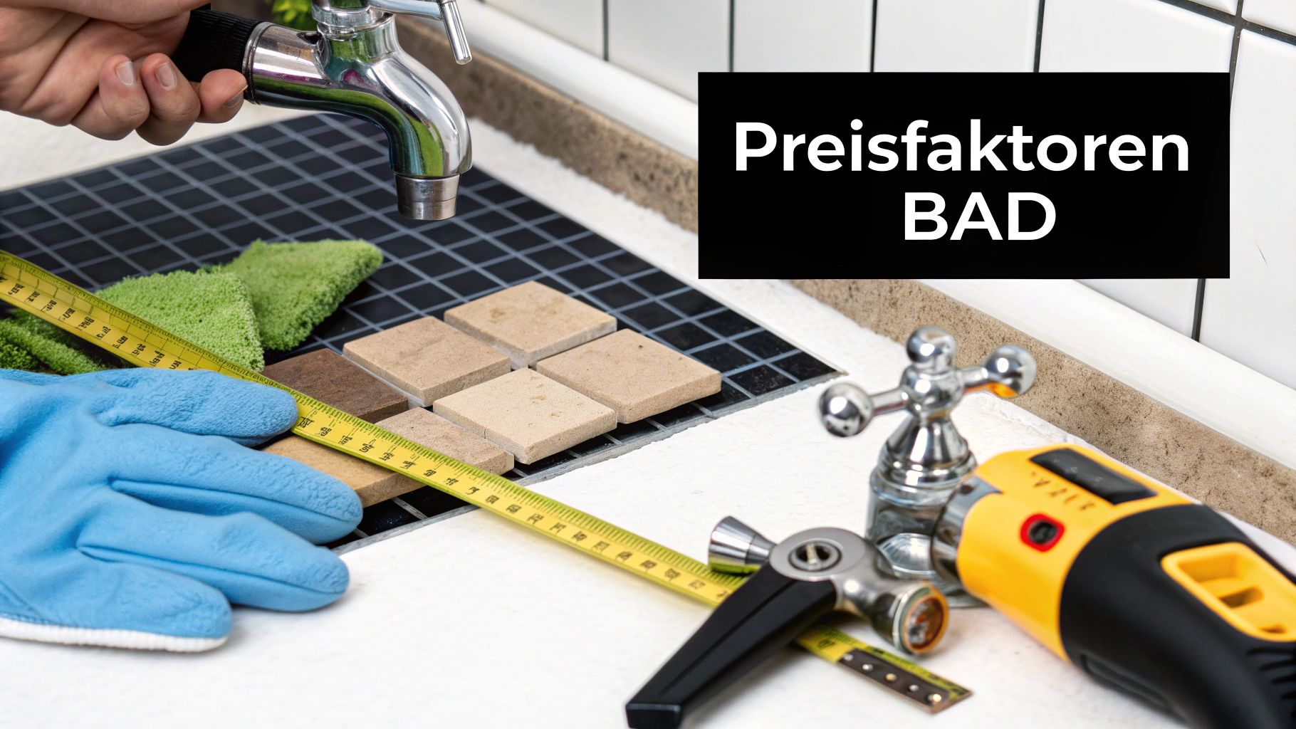 Werkzeuge und Materialien für eine Badrenovierung, inklusive Fliesenmuster und Armatur, mit dem Text 'Preisfaktoren BAD'.