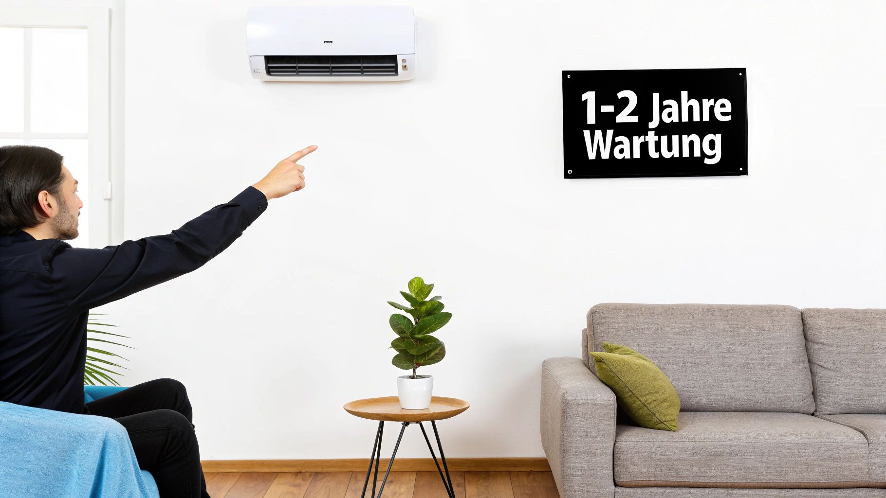 Ein Mann zeigt auf eine Klimaanlage, neben der ein Schild „1-2 Jahre Wartung“ hängt.